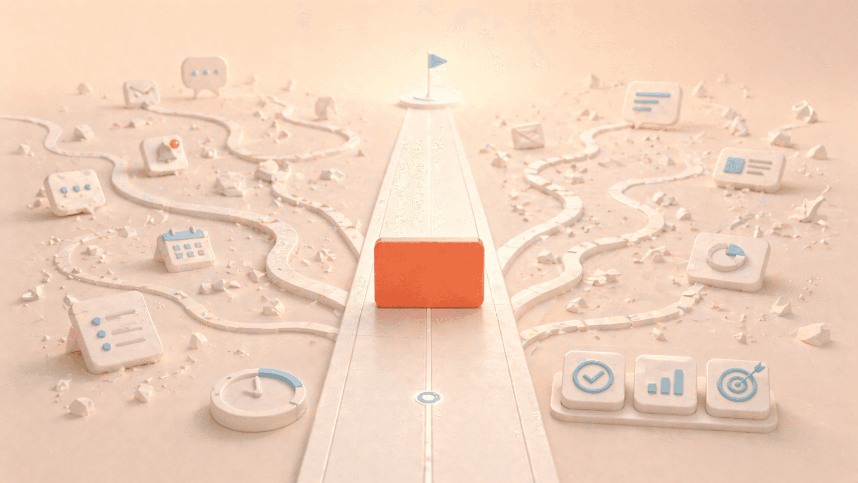 Minimalistische 3D-Illustration einer korallfarbenen Fokuskarte auf einem geraden, klaren Hauptpfad, während zahlreiche verzweigte Nebenwege mit fragmentierten Aufgaben-, Chat- und Benachrichtigungselementen seitlich ablenken und in Unordnung verlaufen; ergänzt durch dezente Zeit- und Ergebnissymbole, die den Unterschied zwischen fokussierter Arbeit und Multitasking-Verlust darstellen.