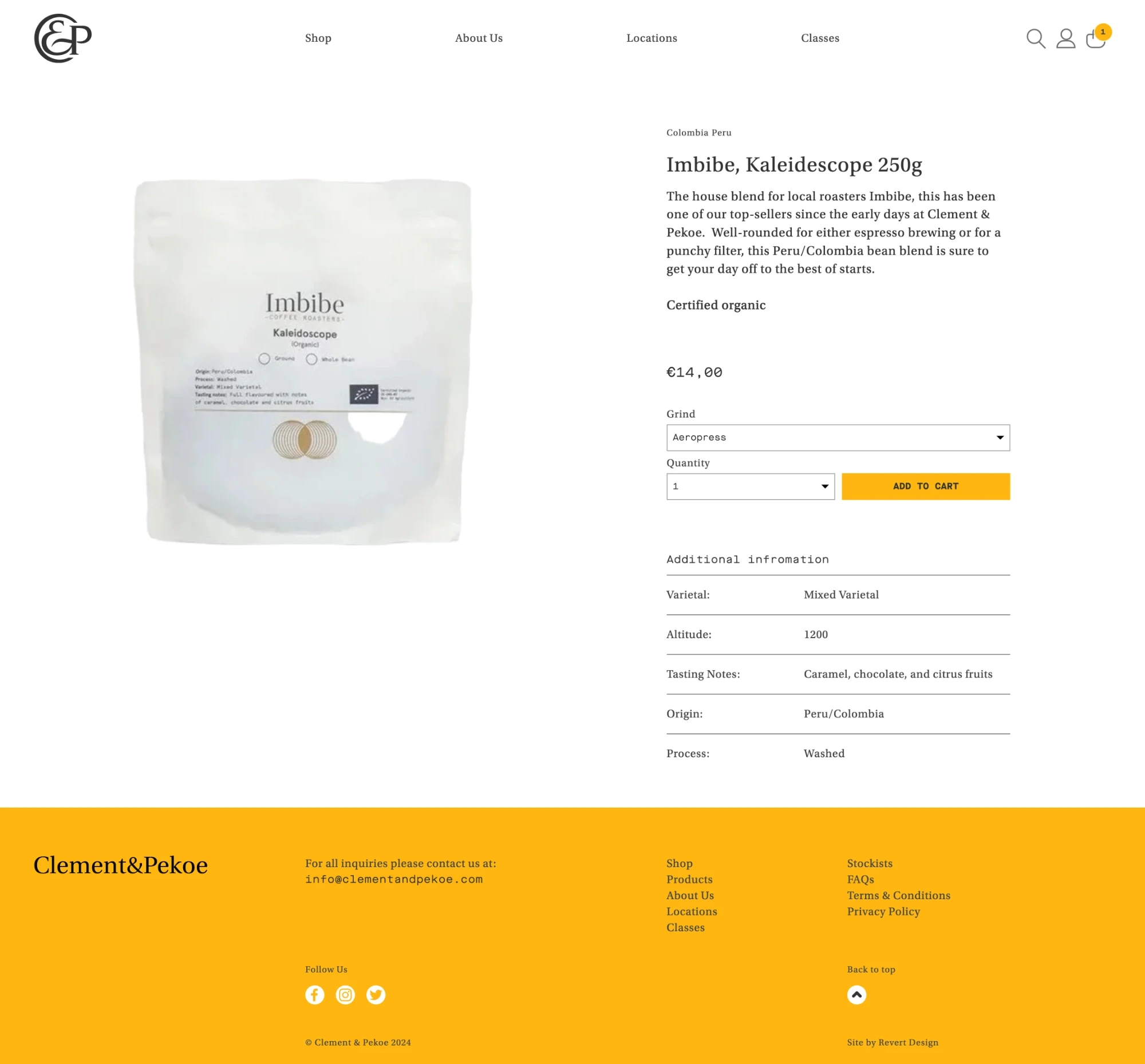 Full lenght screenshoot of a product page showing coffee specific details