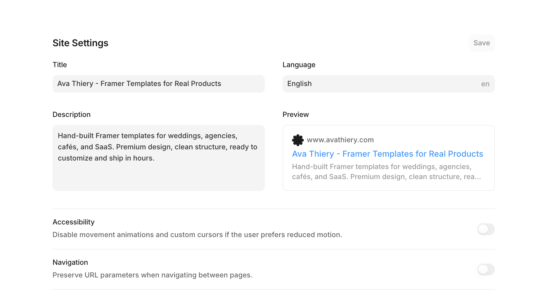 Framer site settings panel showing SEO title, meta description, language, search preview, and accessibility/navigation options for the Ava Thiery template website.