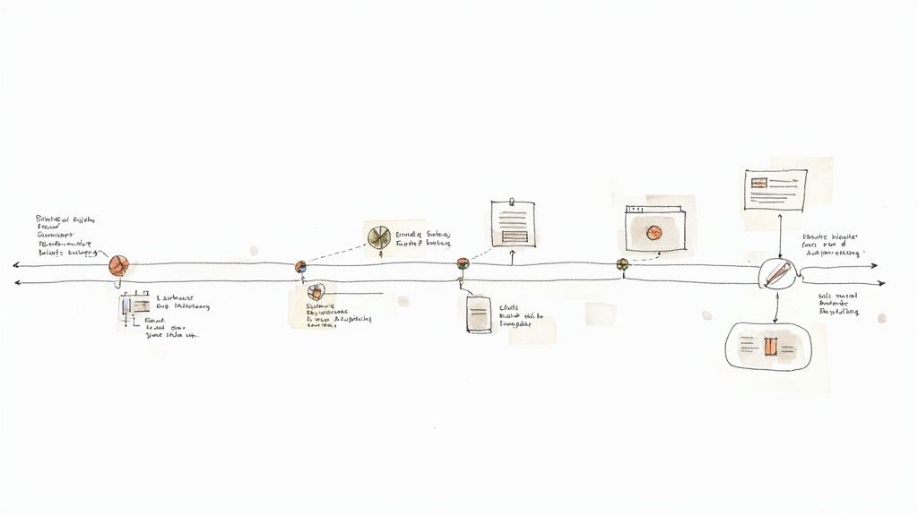Hand-drawn timeline diagram illustrating a business process, data flow, and document management steps.