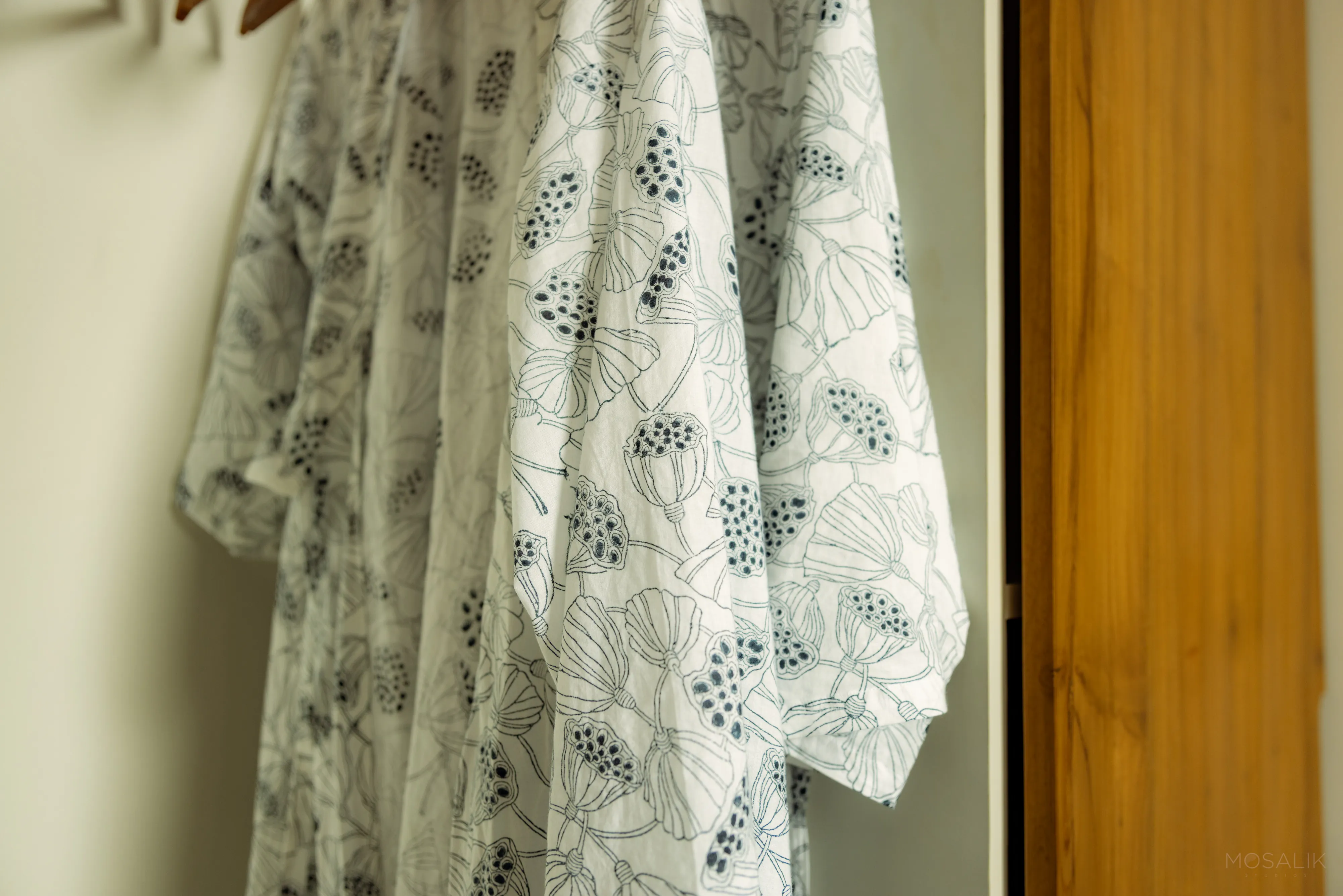 Block-printed cotton robe in a Jaali Blue room