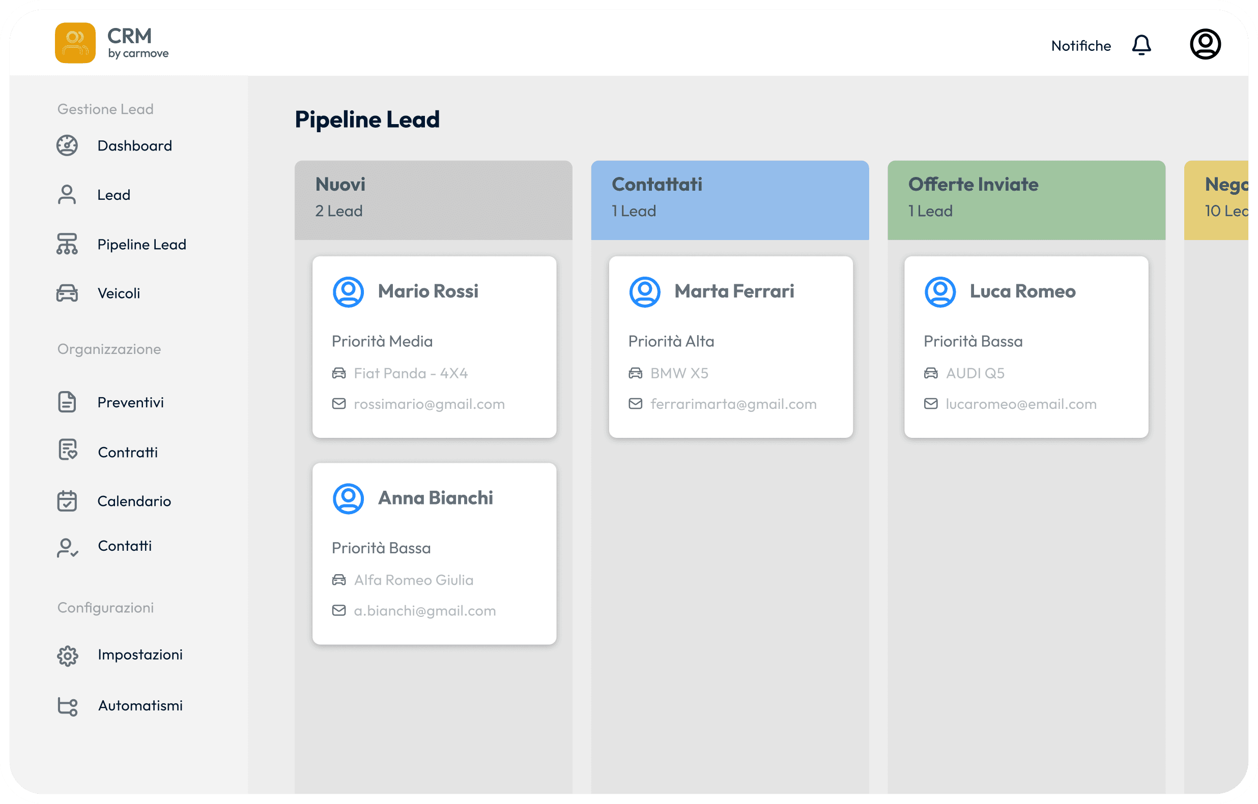 Mockup dell'interfaccia del gestionale Carmove
