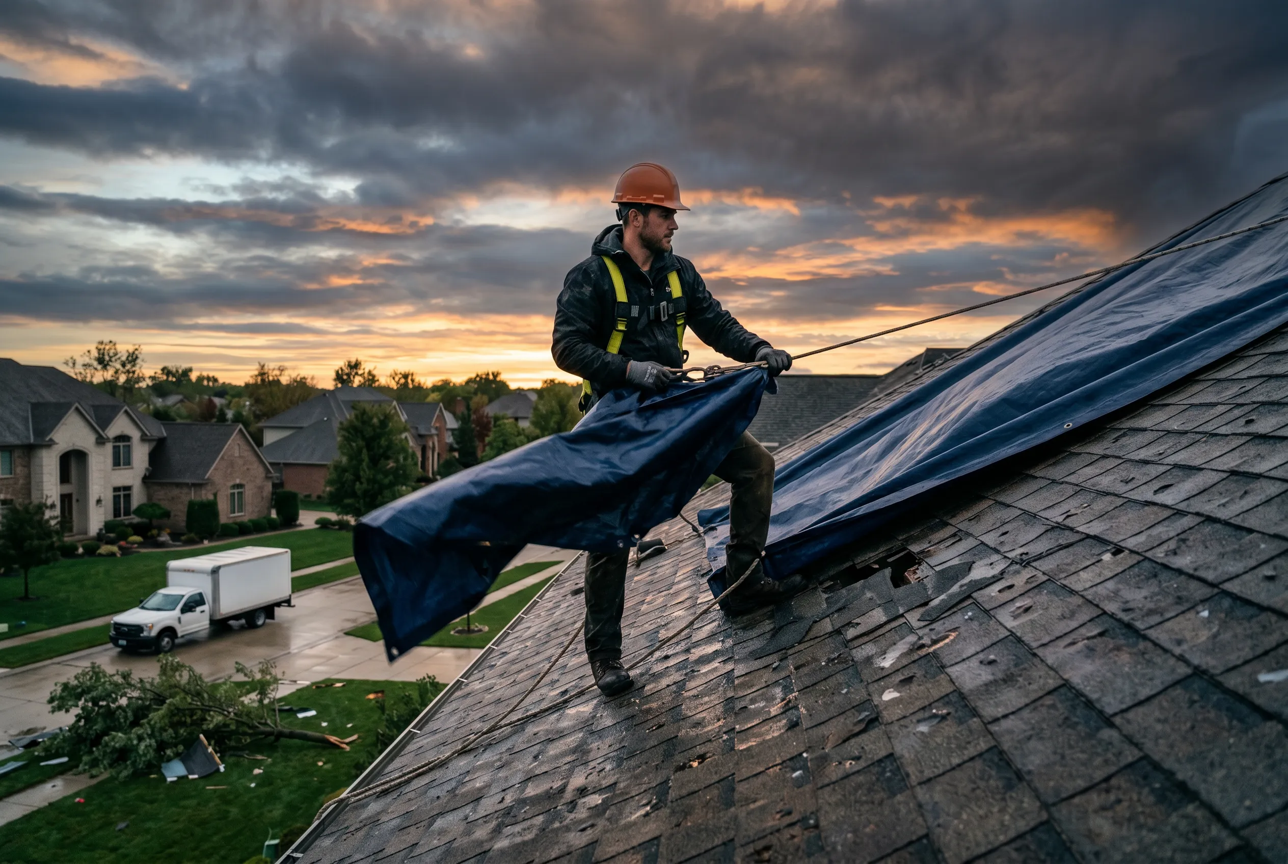 Man installing tarp on a storm-damaged roof at sunset.