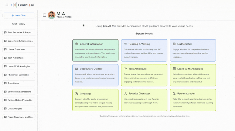 LearnQ's Mia AI tutor Modes to make learning fun and enaging with Ai tutor.