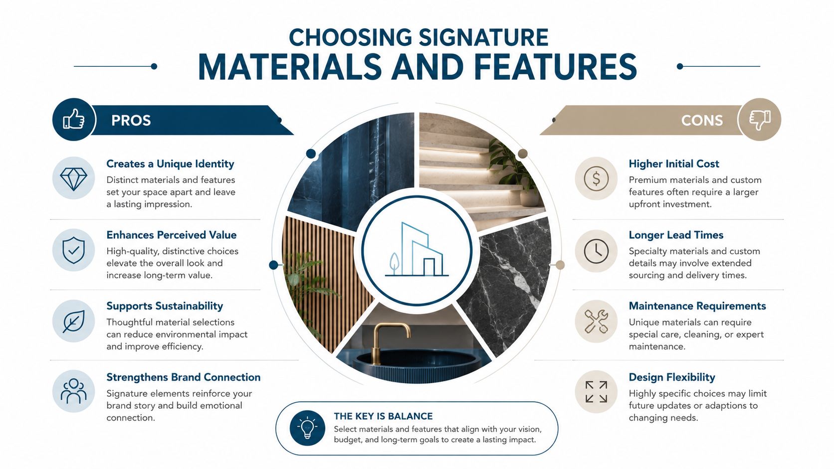 A graphic showing the pros and cons of choosing signature materials and features for building interior design.