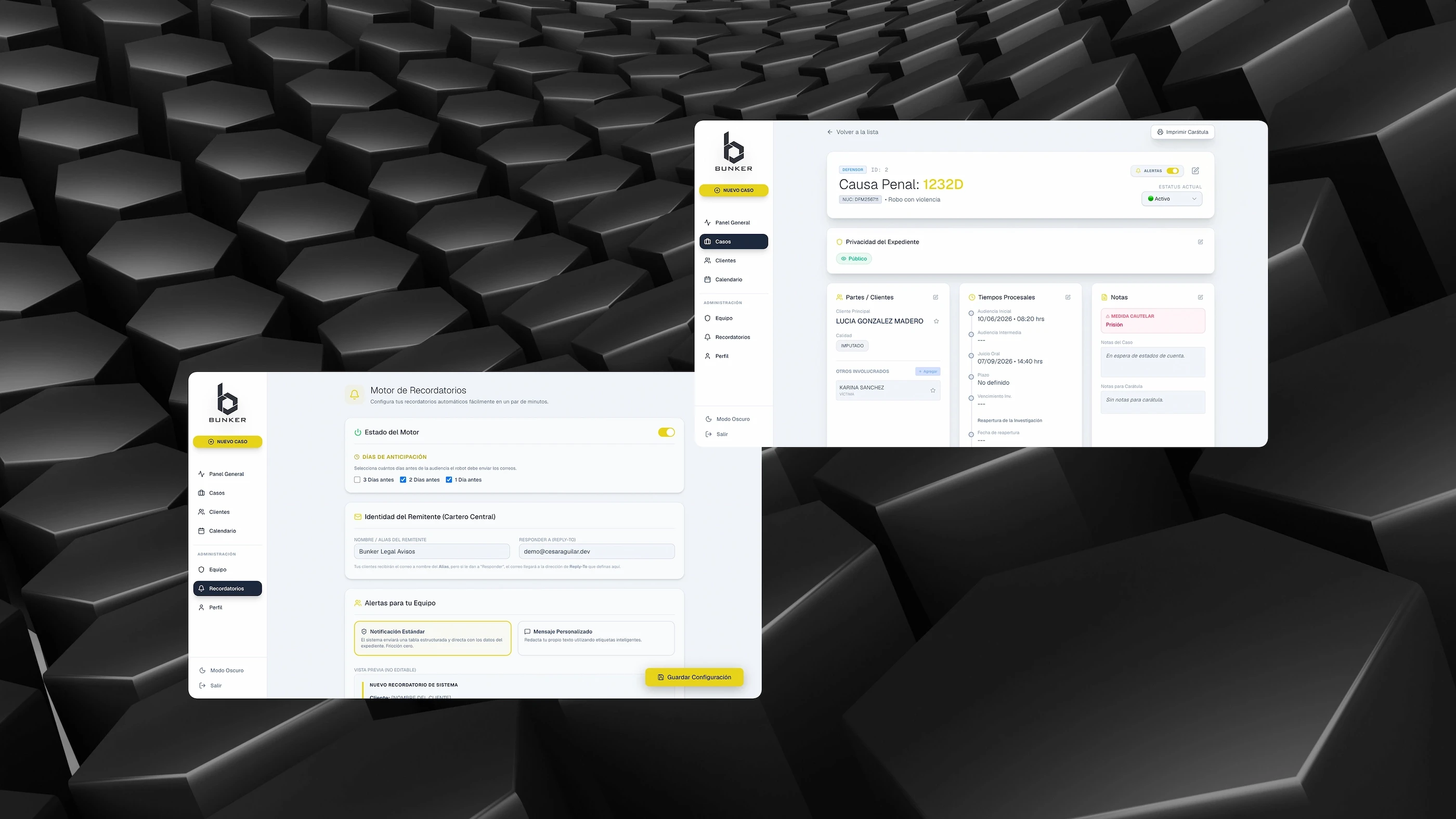 Dos pantallas del dashboard en modo claro del sistema Bunker Legal para abogados