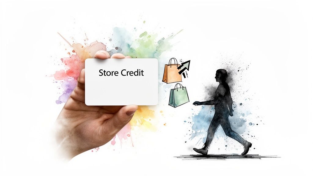 A hand holding a 'Store Credit' card, with shopping bags and a walking person on a watercolor background.