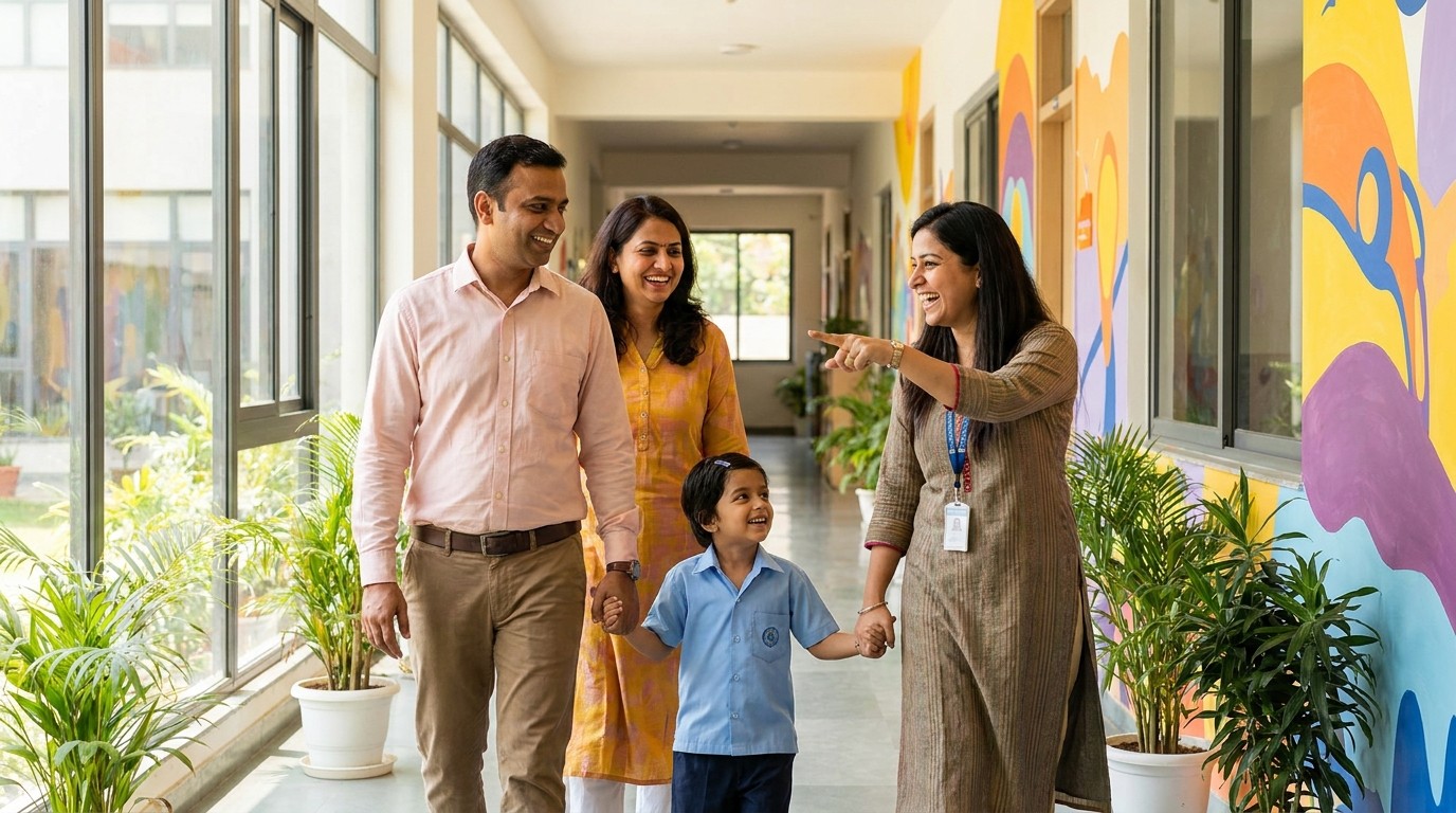 A family touring an NCFE campus with a friendly teacher