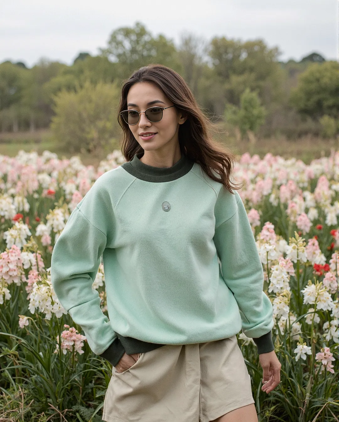 Mint green sweatshirt styled with beige shorts against a backdrop of pink and white flowers in a spring field setting