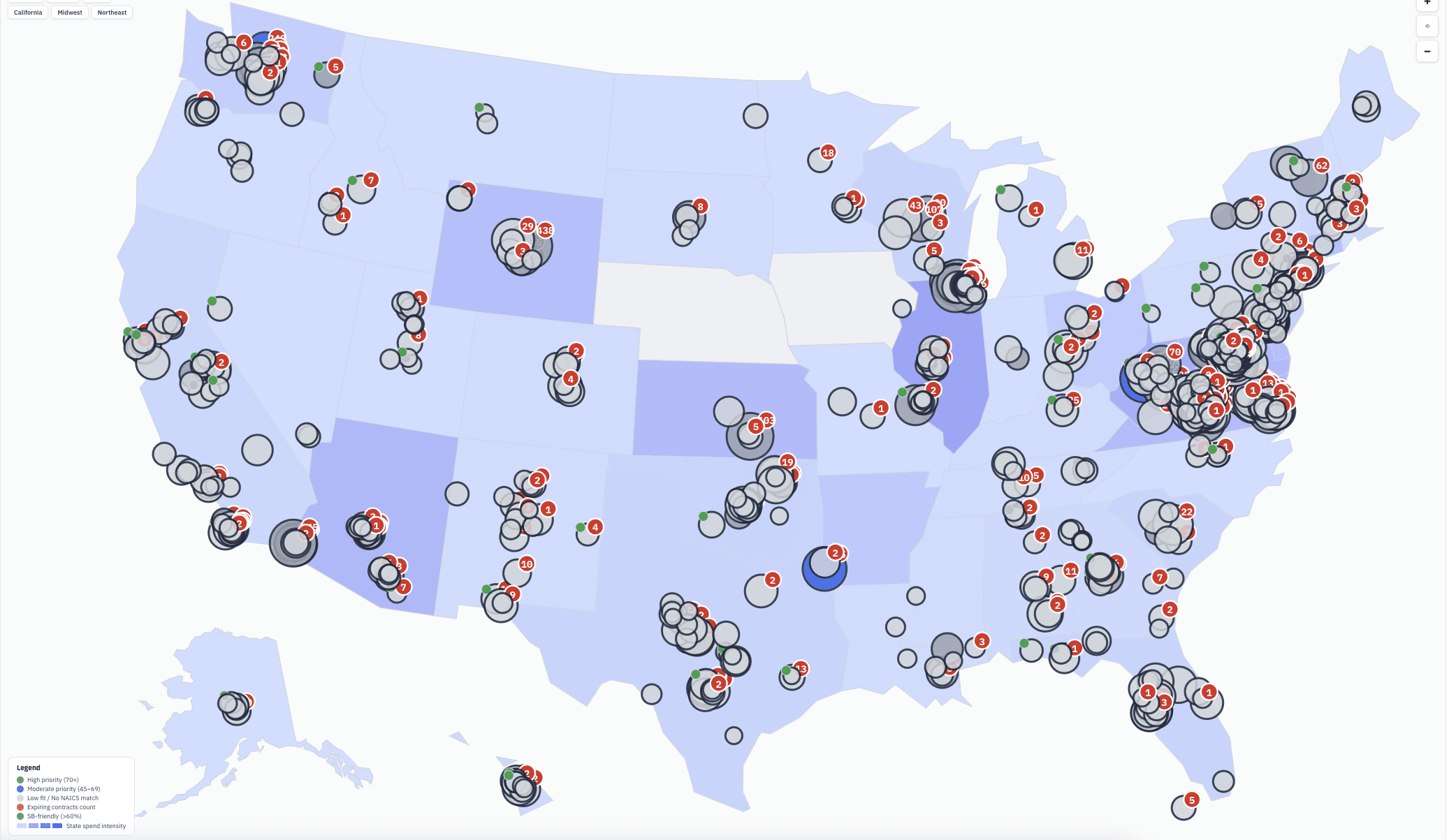 FedProposal Intelligence Map showing federal contracting offices with spending bubbles and priority scores