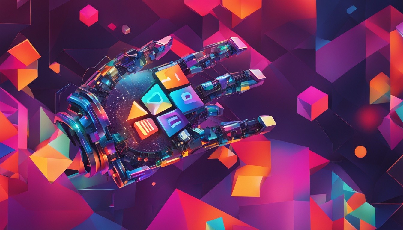 An abstract depiction of a robotic hand holding and manipulating the Instagram logo, with vibrant colors and geometric shapes surrounding it to represent the constantly evolving and changing algorithm.