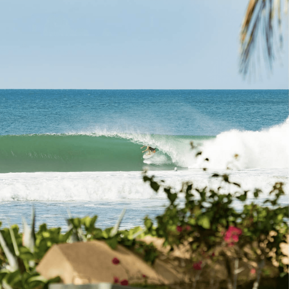 Surfer riding a wave on a sunny day – surfboard rental in popoyo