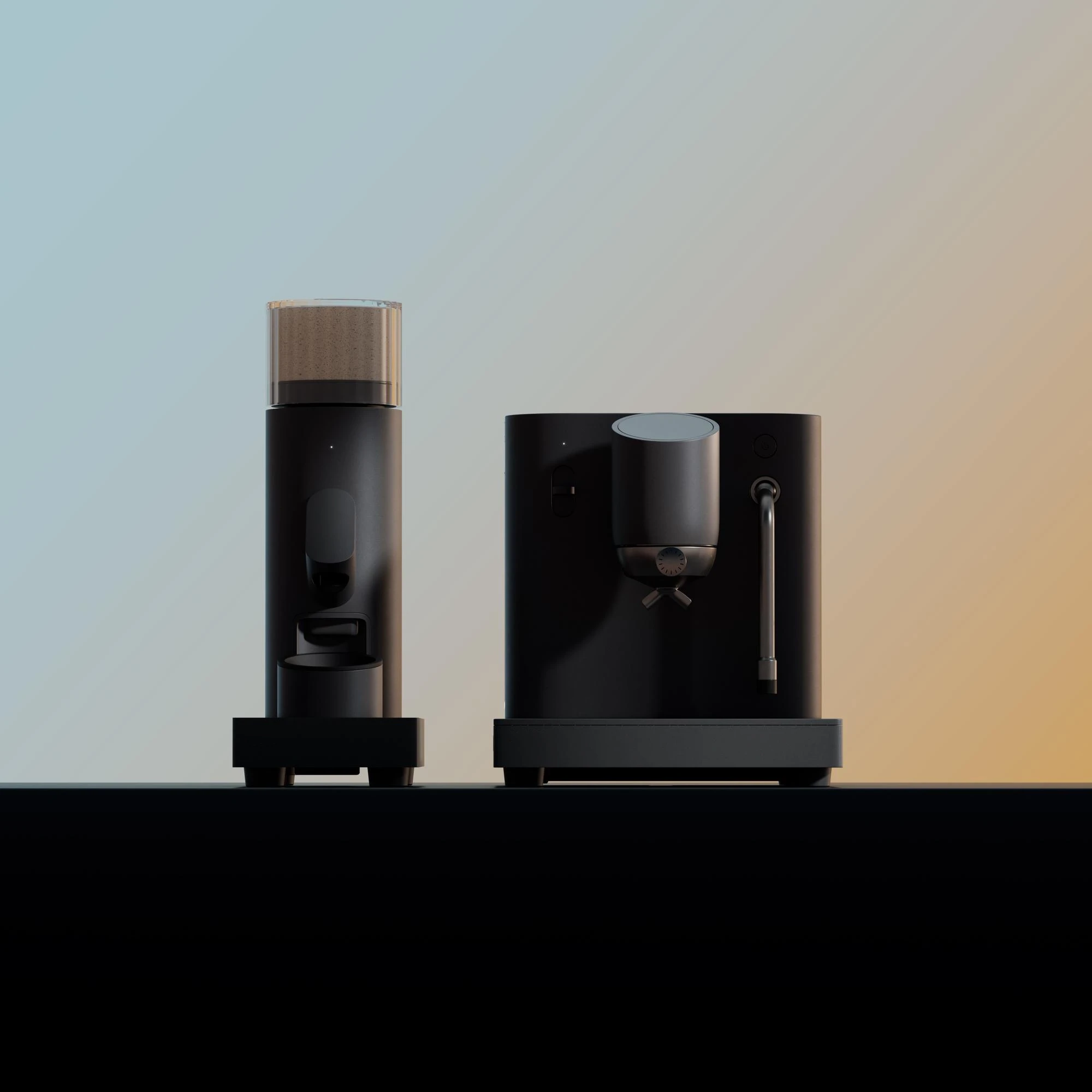 Sleek black coffee machine and grinder on a dark surface, set against a gradient background from blue to peach, conveying a modern and sophisticated tone.