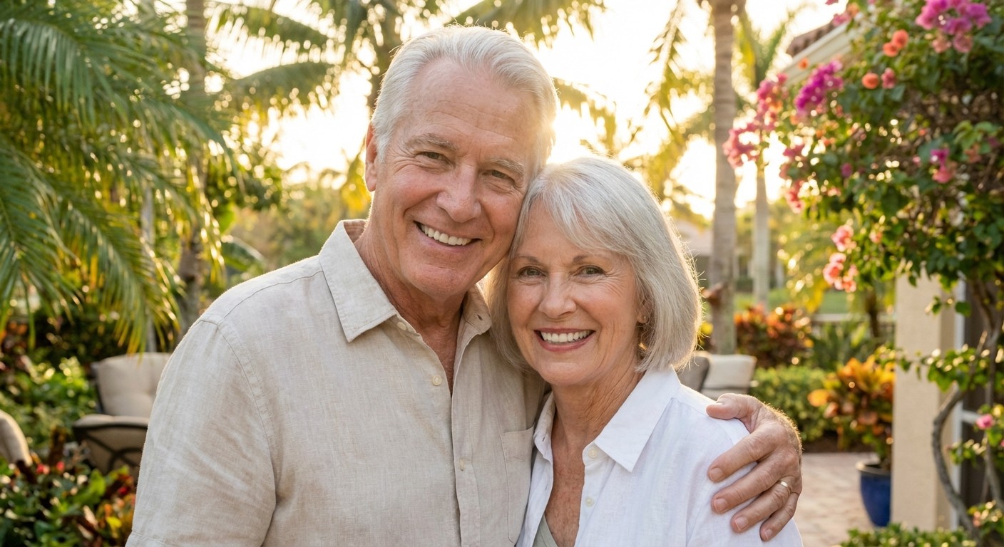 Senior couple in their 70s smiling confidently outdoors in a Florida setting representing healthy aging and dental confidence