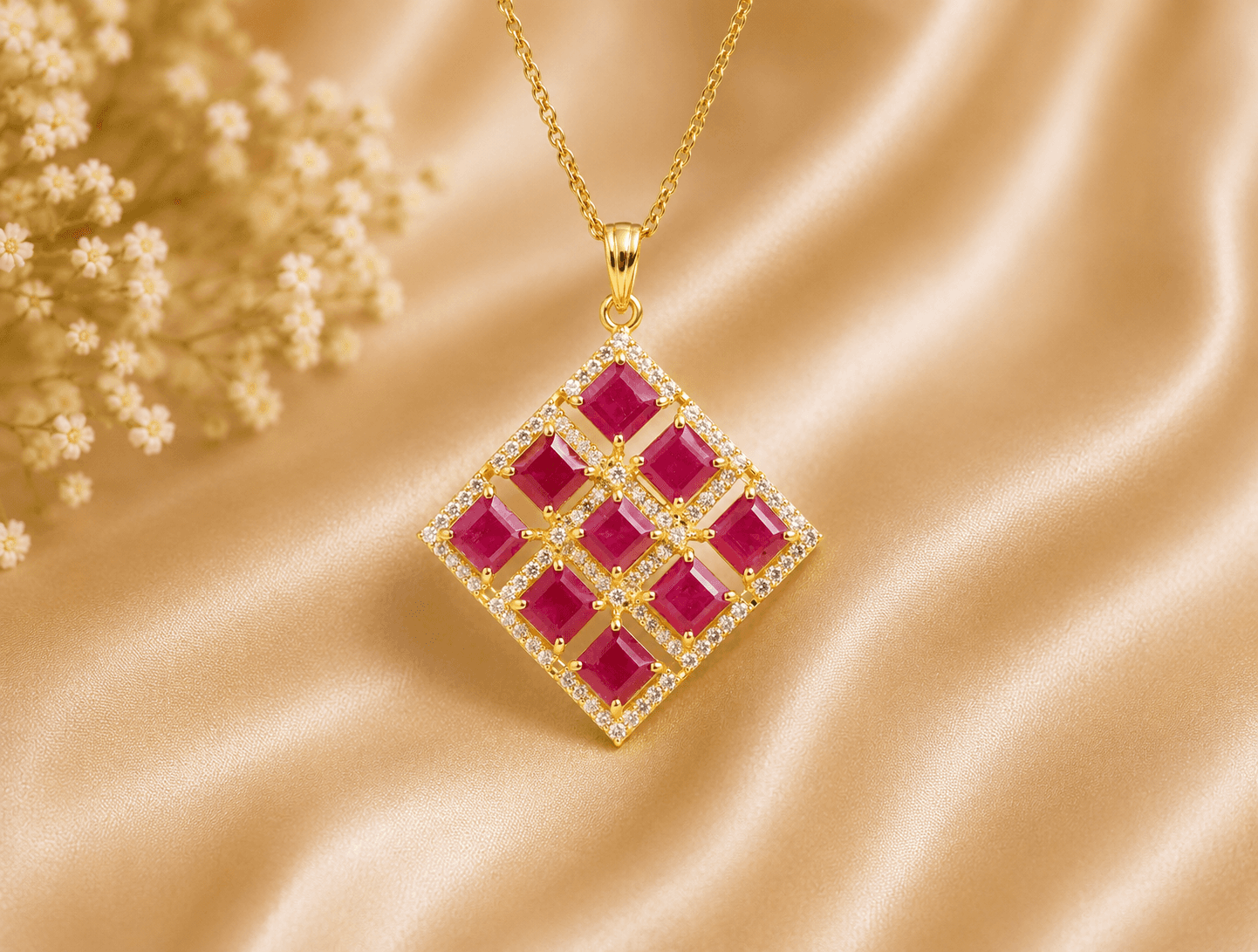 A gold pendant with square rubies and diamonds on a silk cloth.