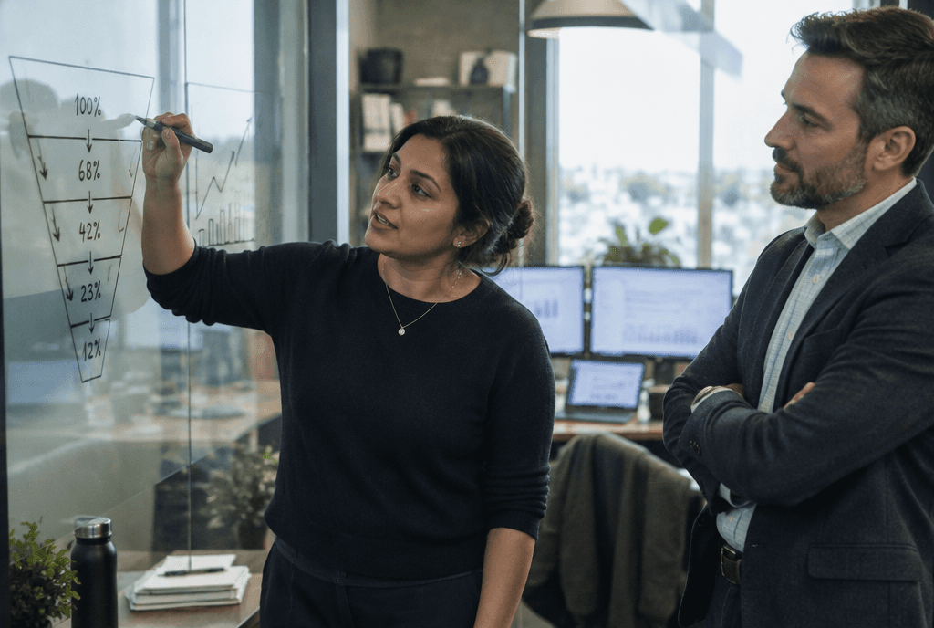 Marketing analyst sketching a conversion funnel on a glass wall while a sales director watches