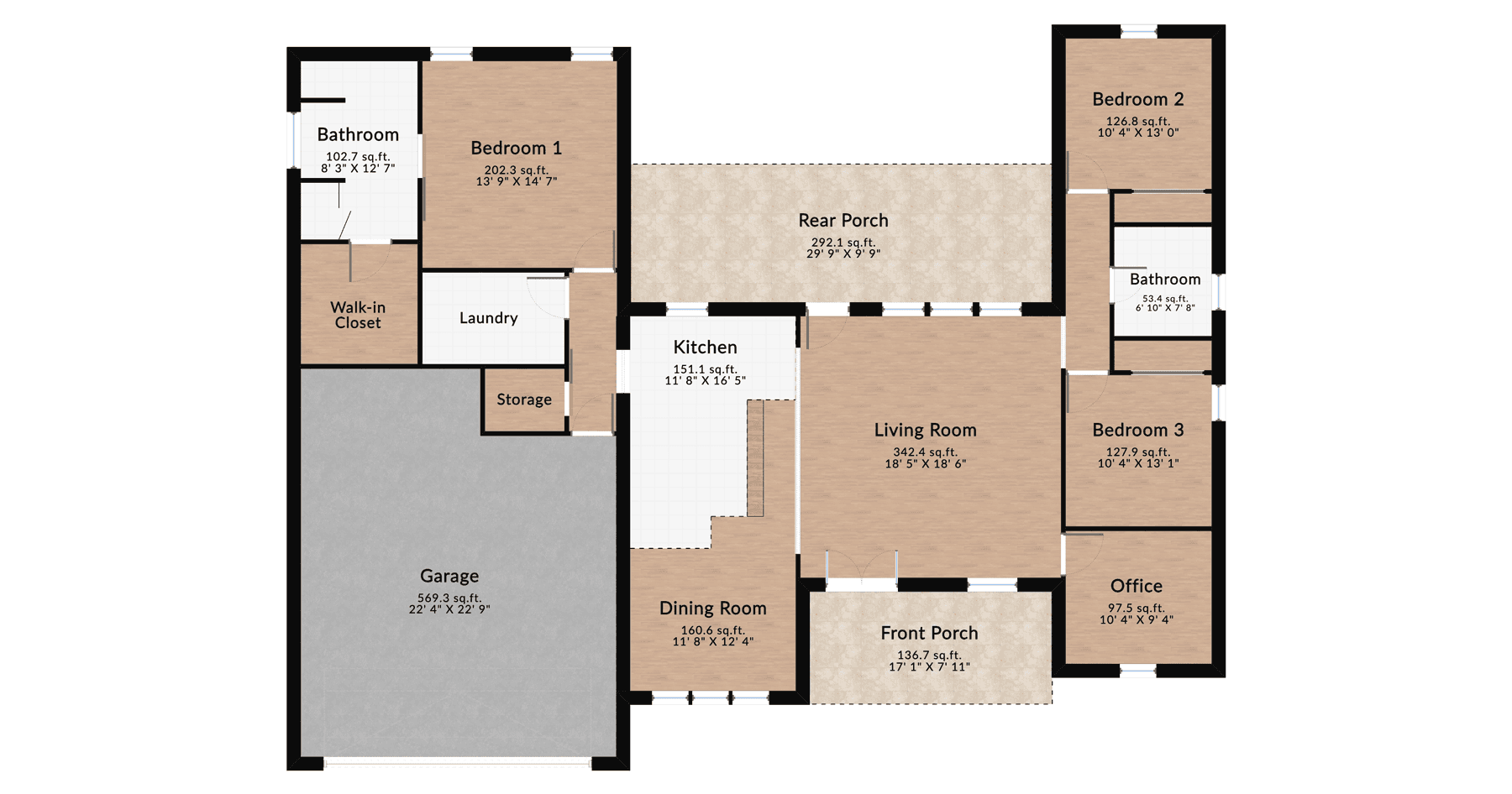 Three-bedroom house floor plan featuring a large living area, open kitchen, garage, two bathrooms, and dedicated office space.