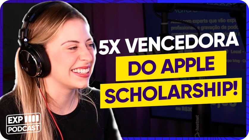 Imagem do videocast 'Experience Podcast #04 - Nina Talks', mostrando uma mulher com fones de ouvido e o texto '5X Vencedora do Apple Scholarship!' em destaque. O vídeo tem 14 mil visualizações.