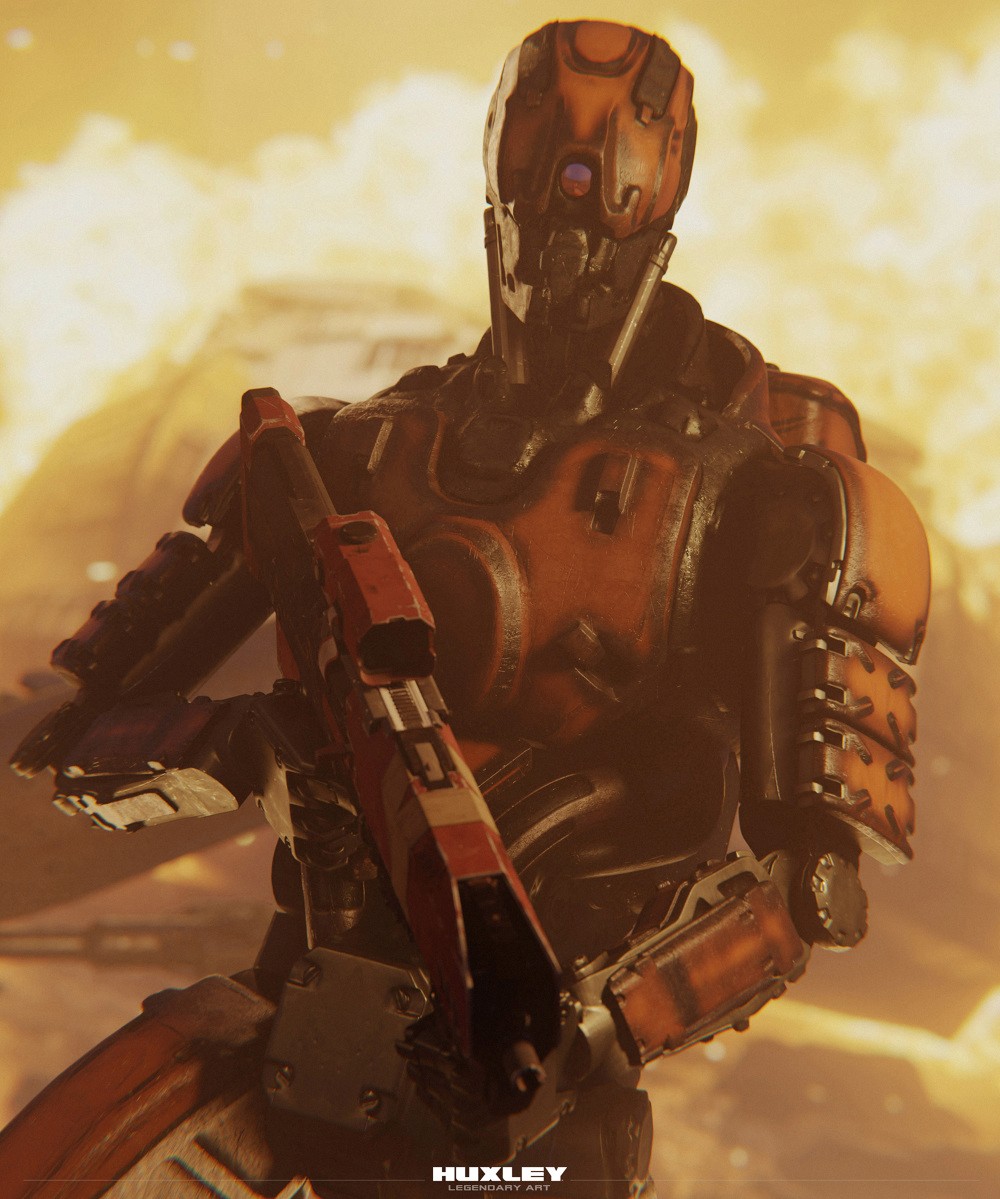 Image of a red cyborg robot carrying a weapon against a background of a bright burning warzone.