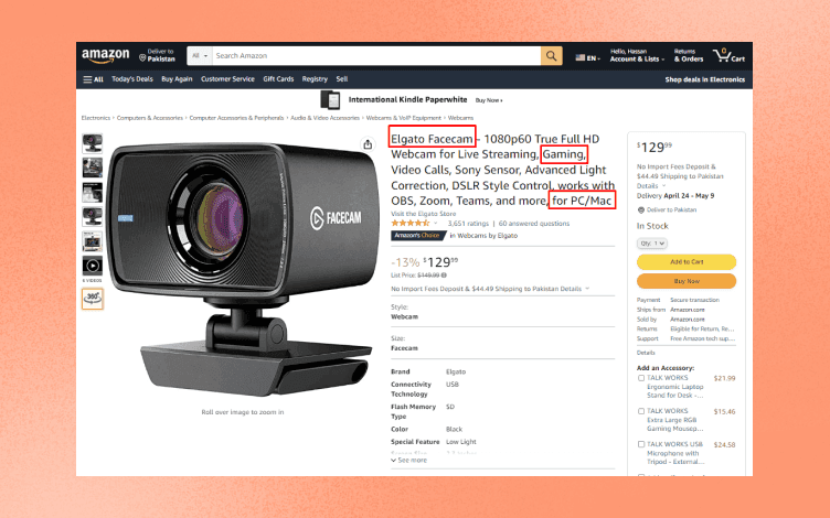 A desktop view of an Amazon Facecam product inside the Amazon website