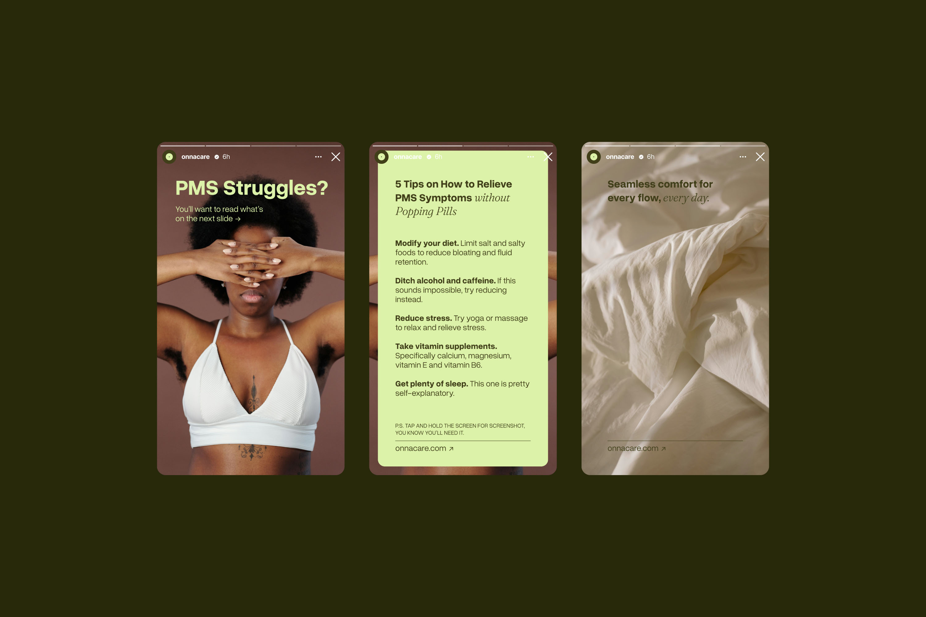 Three Instagram story templates about PMS and menstrual health on dark background