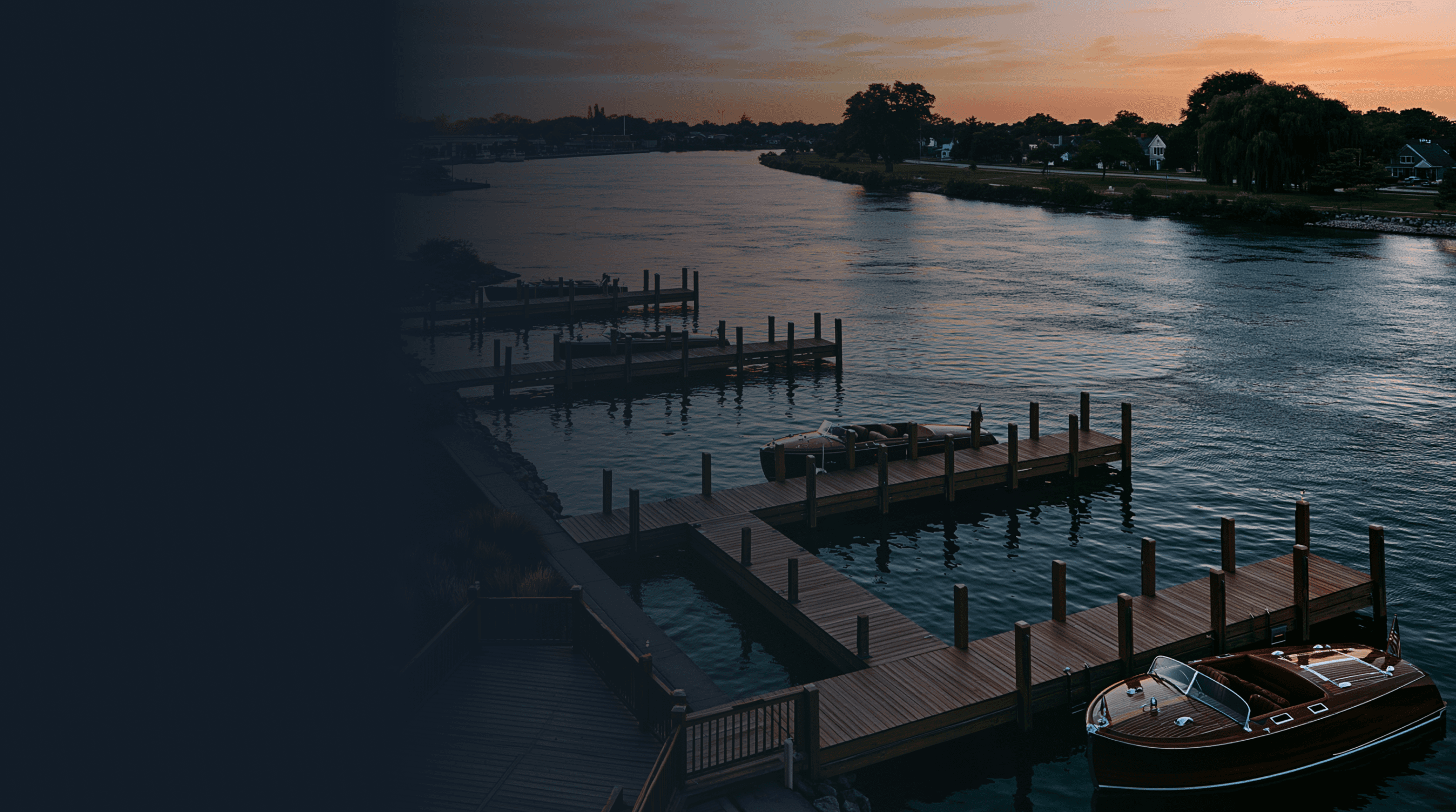 Algonac Michigan waterfront on the St. Clair River at golden hour