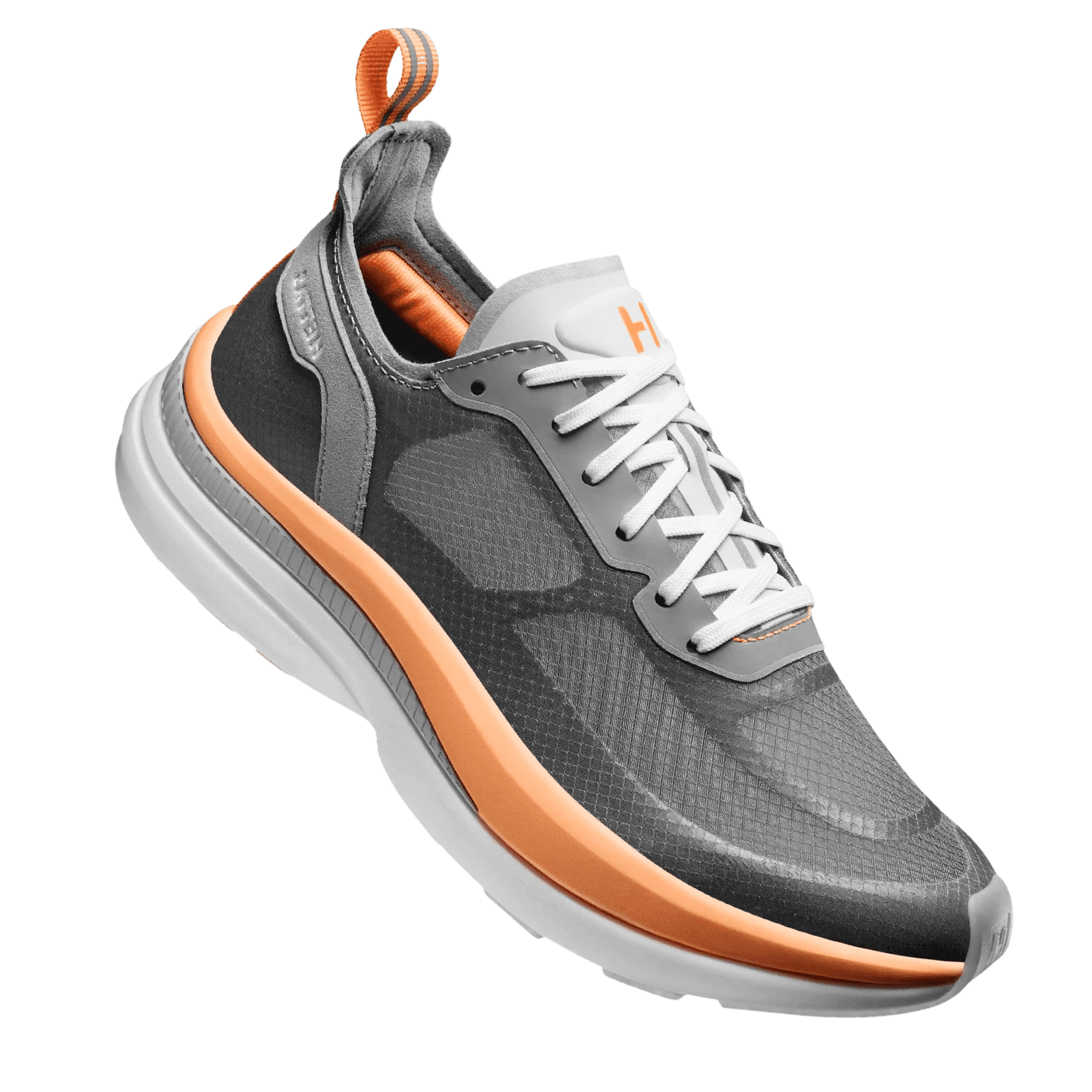 Product shot of a charcoal and orange Hettas shoe