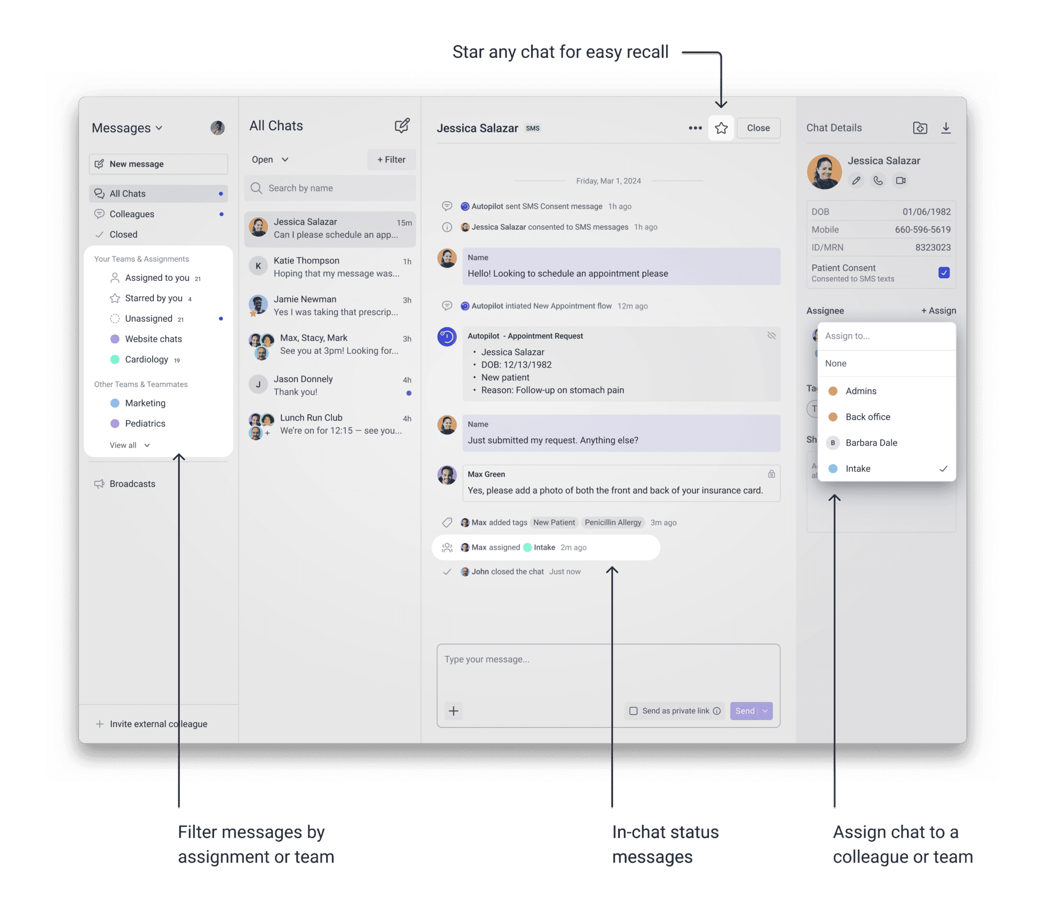 There are many things to be excited about with the new OhMD including Assignments & Teams, visibility into all assigned chats across your organization, in-chat status messages, and the ability to star your most important chats, with much more to come.