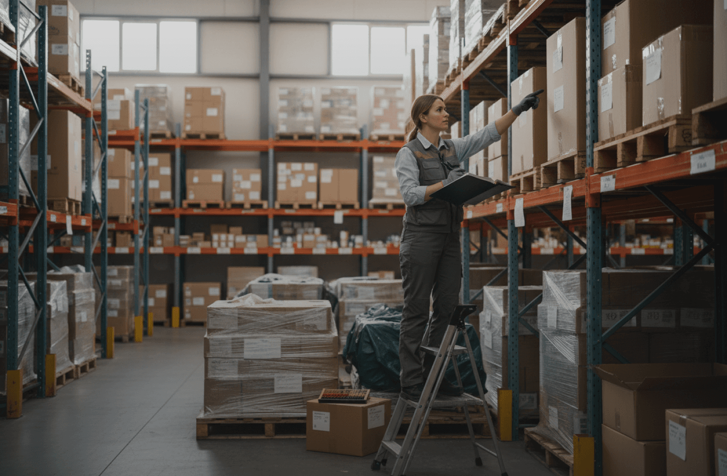 A person using a ladder to reach high shelves in a warehouse filled with stacked cardboard boxes.