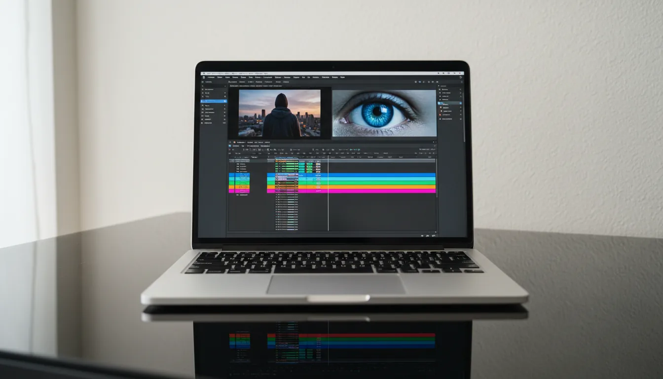 DSLR photograph of a silver laptop on a reflective black desk, with the screen displaying the Adobe Premiere Pro video editing software. The software is in a modern dark mode, showing a complex timeline with colorful UI elements and video clips. Two video preview panels are visible, one showing a person from behind and the other a close-up of a bright blue eye. The background is a plain, textured white wall, illuminated by soft natural daylight, with a sharp focus on the laptop screen.