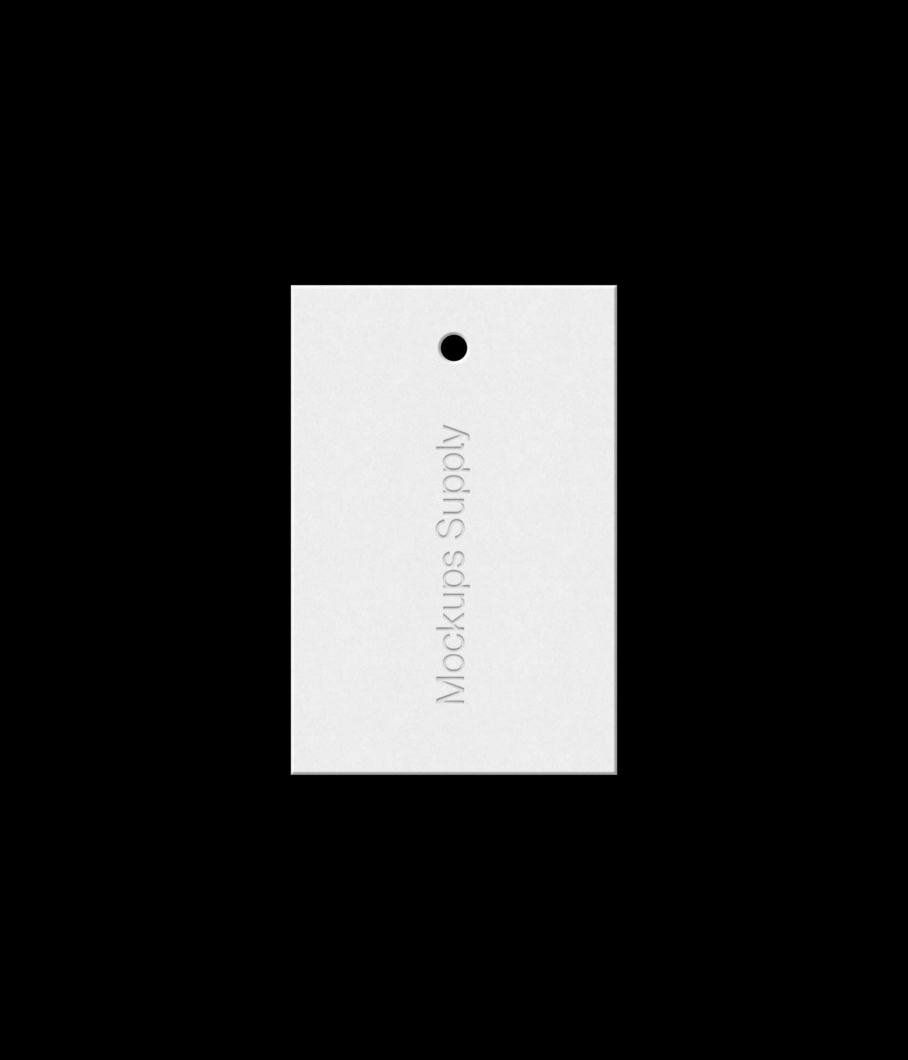 White 2x3 hang tag mockup on black background with realistic debossed logo effect for Photoshop download psd