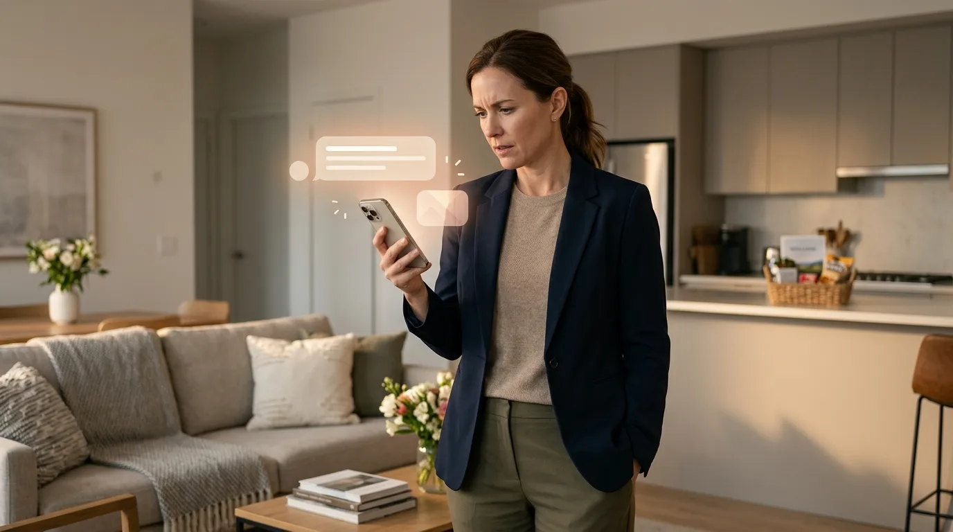 Property manager in a guest-ready vacation rental interrupted by a guest question on her phone.