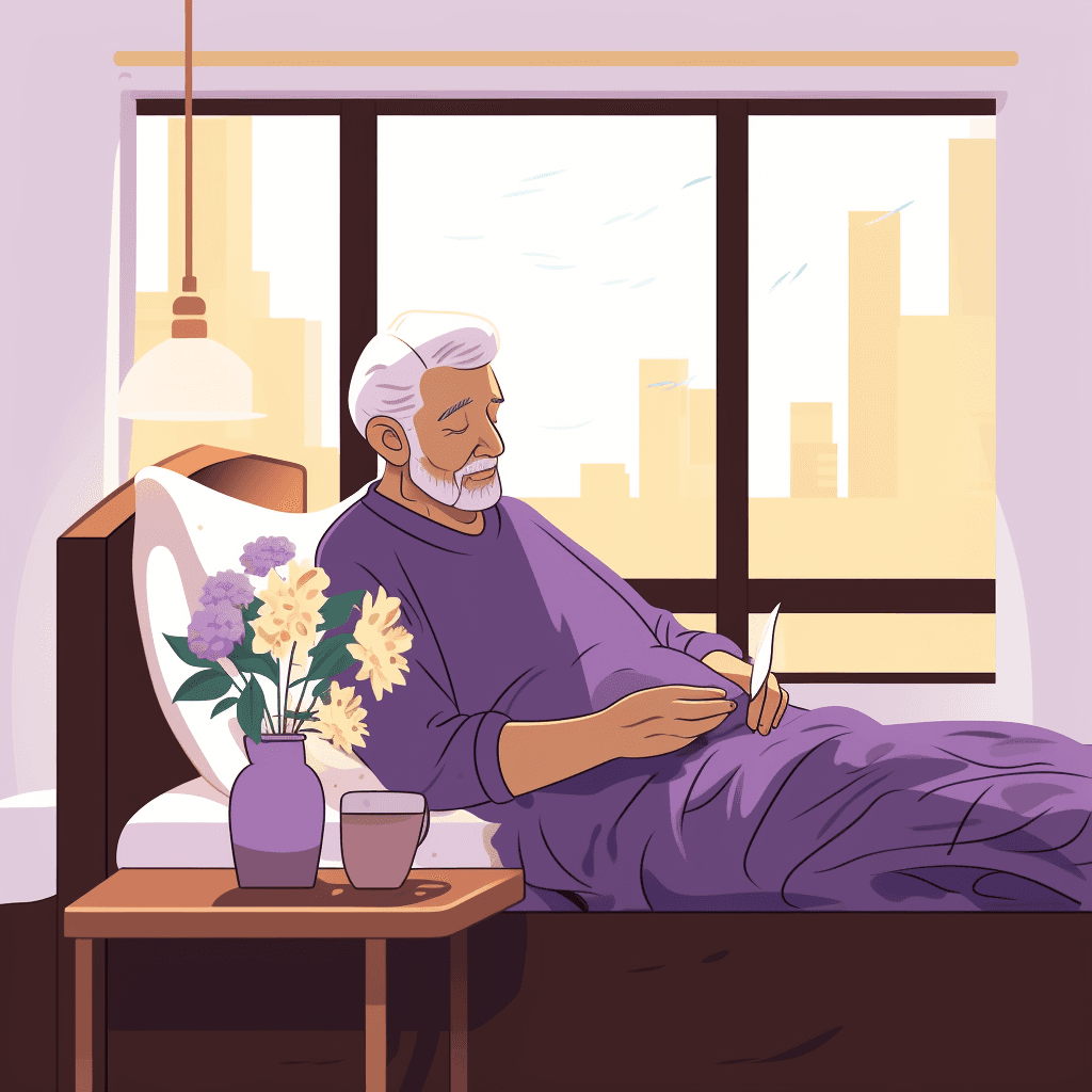 An elderly man resting in bed, holding a letter by the window.