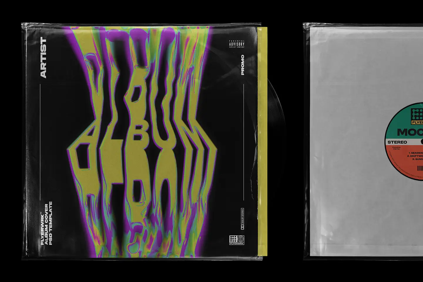 Vinyl record mockup displaying custom album cover design with colorful artwork