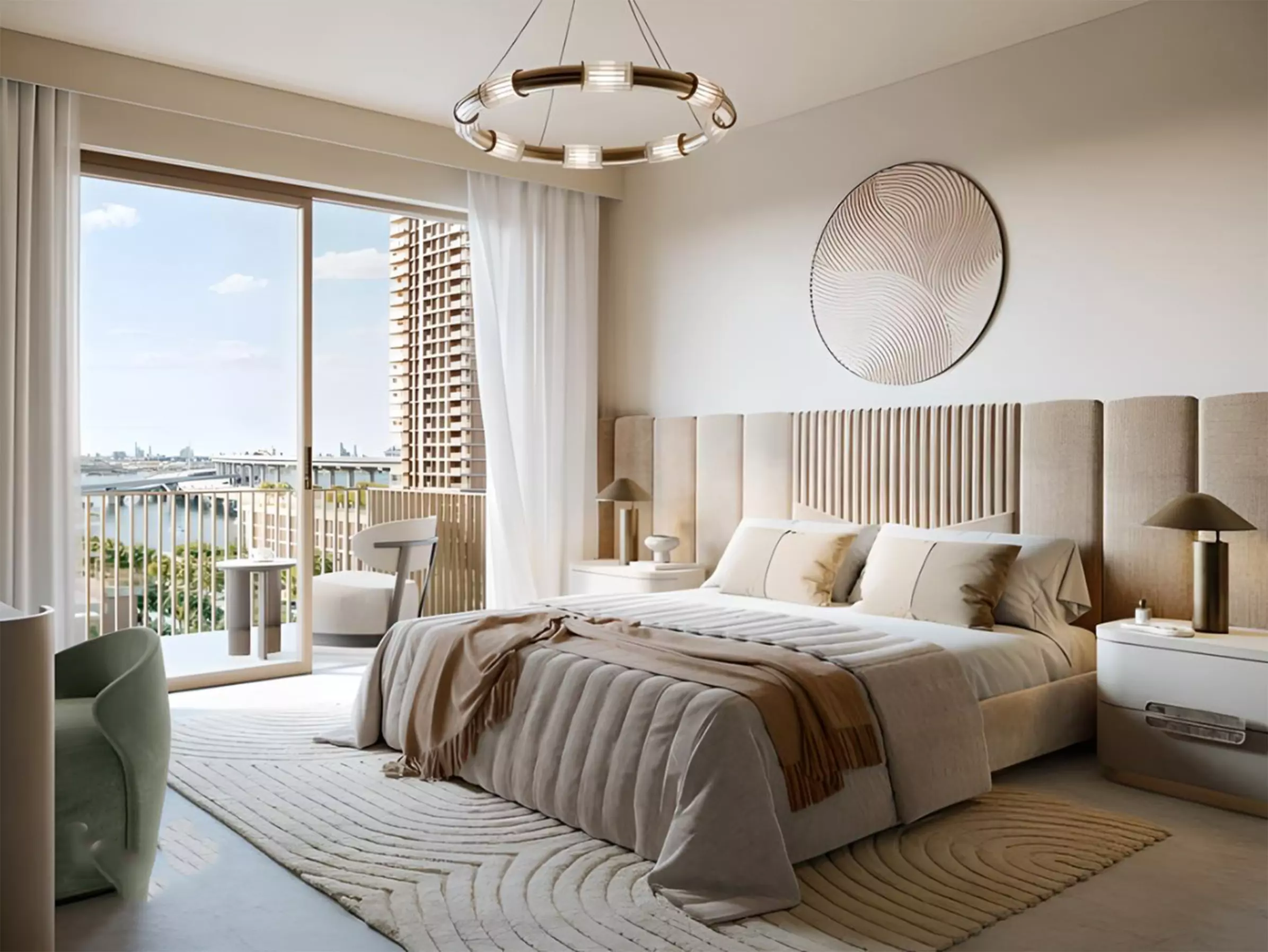 Spacious and stylish bedroom with natural light and private balcony at Emaar Altus, Dubai.