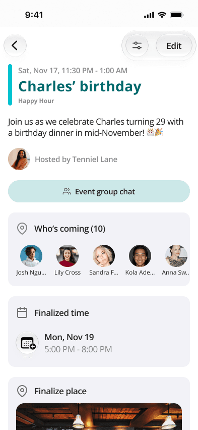 Make the plan together. People, time, place and the group conversation in one event.