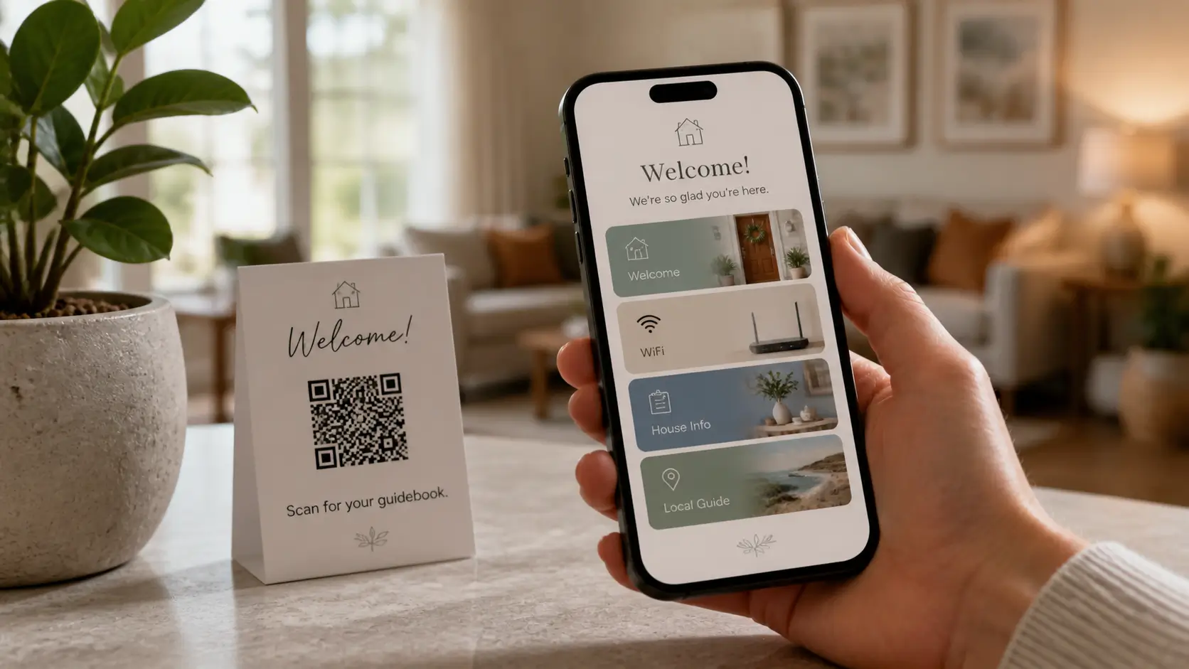 Guest scanning a QR code to open a vacation rental digital guidebook.