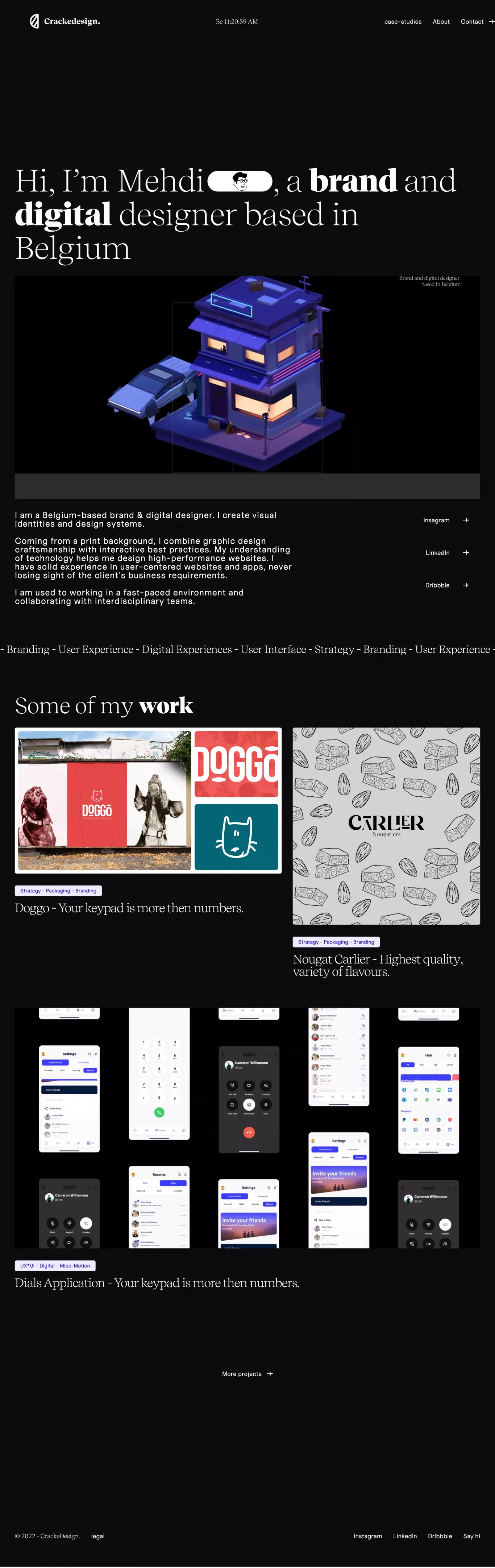 CrackeDesign. portfolio page screenshot showcasing Design and Tech design