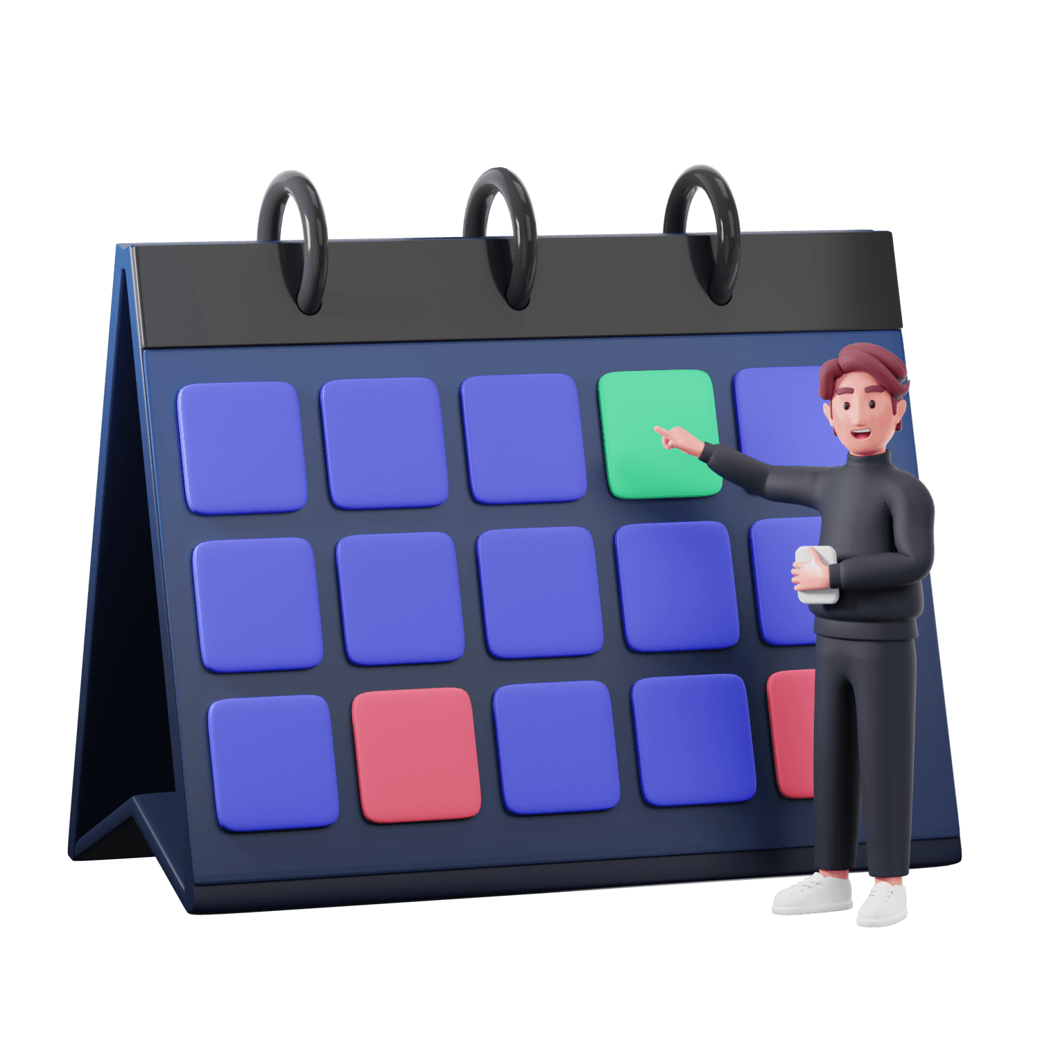 דמות תלת־ממד עומדת ליד לוח שנה שולחני ומסמנת יום בירוק, מסמלת תכנון פרויקטים ותזמון מדויק