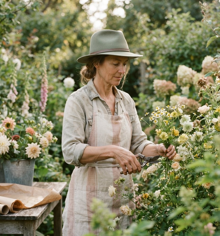 Nell cutting flowers in the garden