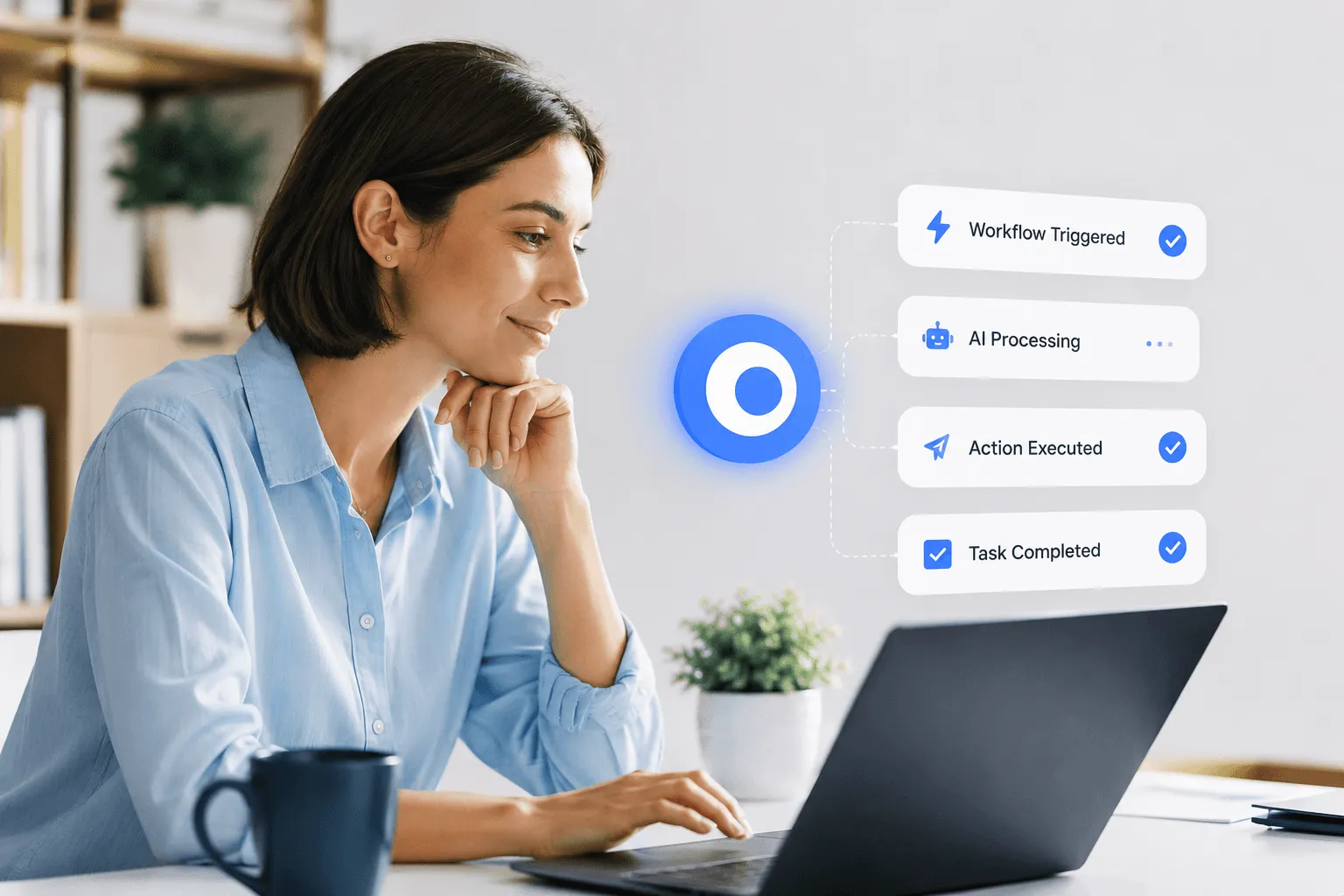 Woman working on a laptop in a modern home office with floating AI workflow interface elements showing automated task processing and execution.