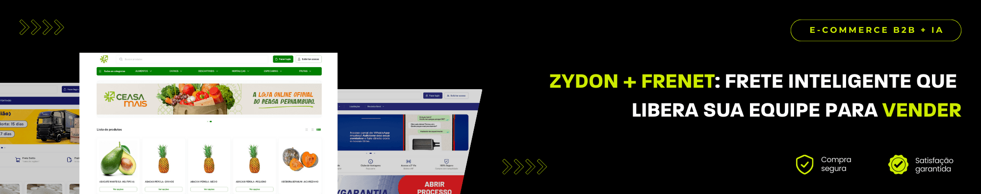 Banner horizontal com fundo escuro, ícones de segurança e satisfação, e imagens de lojas B2B exibidas à esquerda. Elementos gráficos em verde destacam o tema de e-commerce B2B com IA.