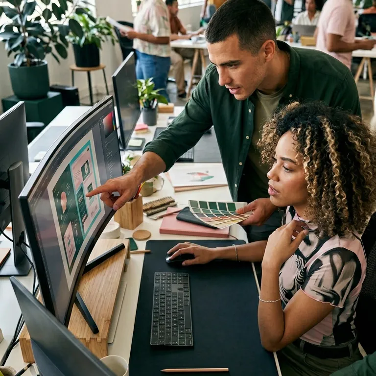 Binôme créatif travaillant sur un écran large pour affiner une interface graphique et une palette de couleurs, illustrant notre expertise en "Design web et identité visuelle" pour créer des univers digitaux esthétiques et cohérents.