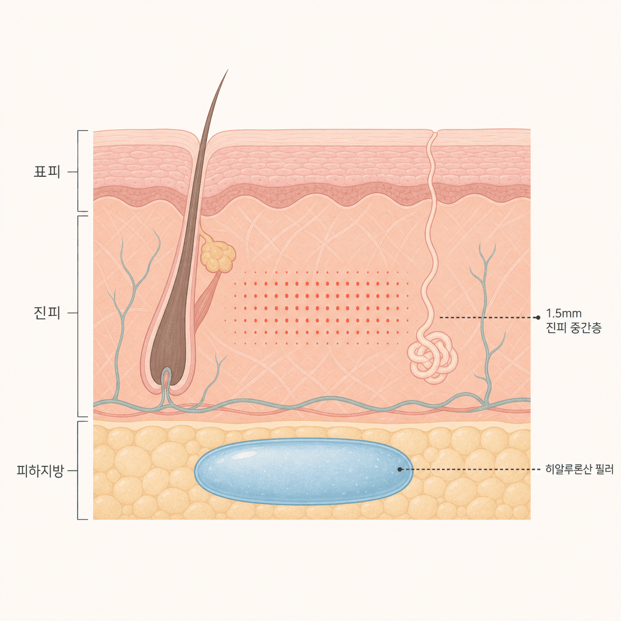 진피층의 고주파 열과 깊은 층의 필러 볼륨