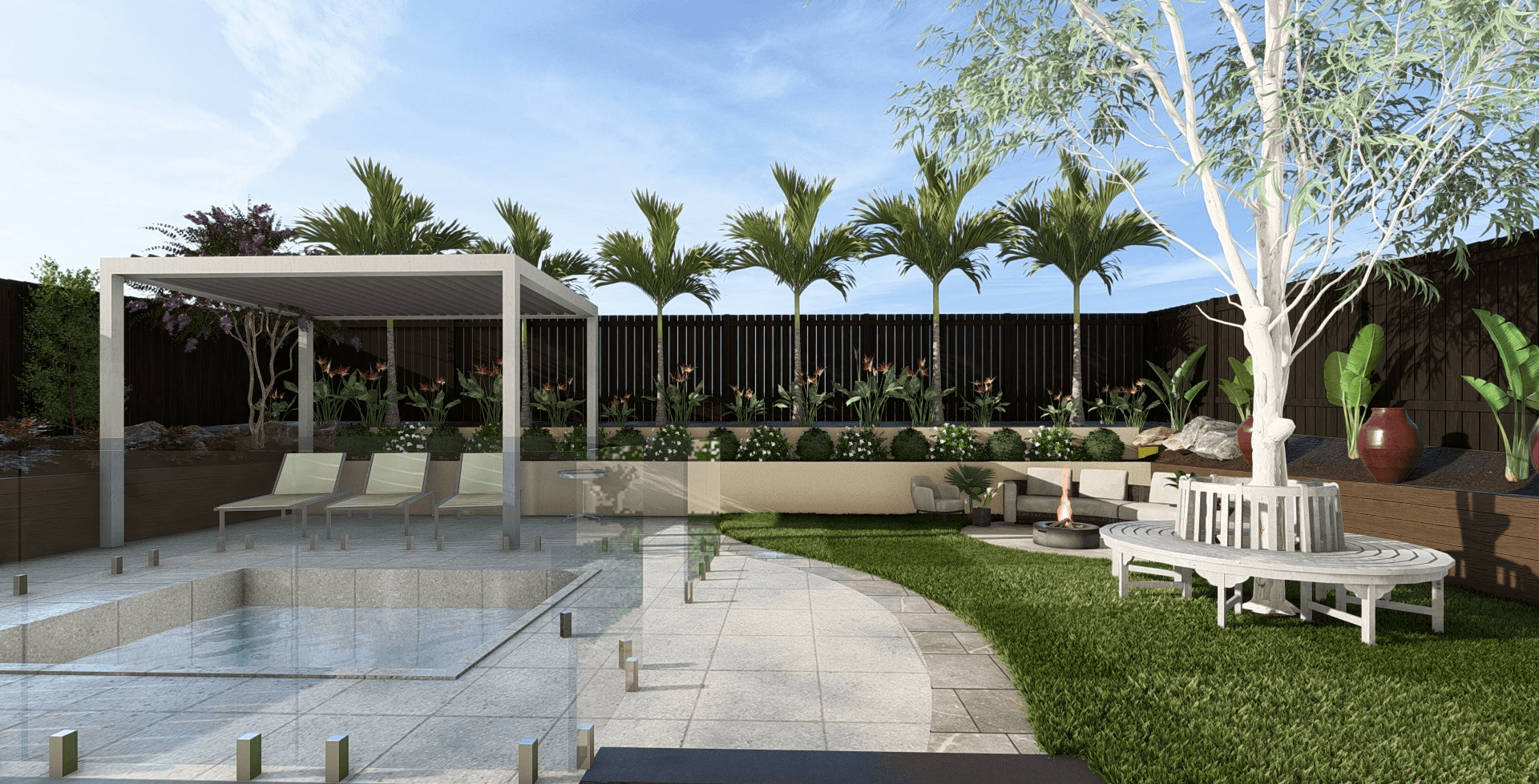 Modern minimalist home office with a built-in daybed, sleek desk, floating shelves, warm ambient lighting, and a large window with blinds.