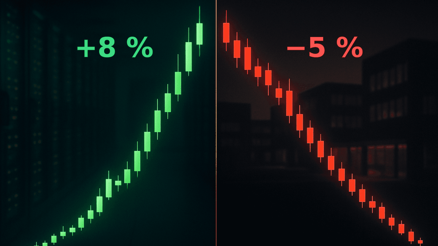 Geteiltes Boersenbild: gruener steigender Kurschart mit +8 % neben rotem fallendem Chart mit −5 %