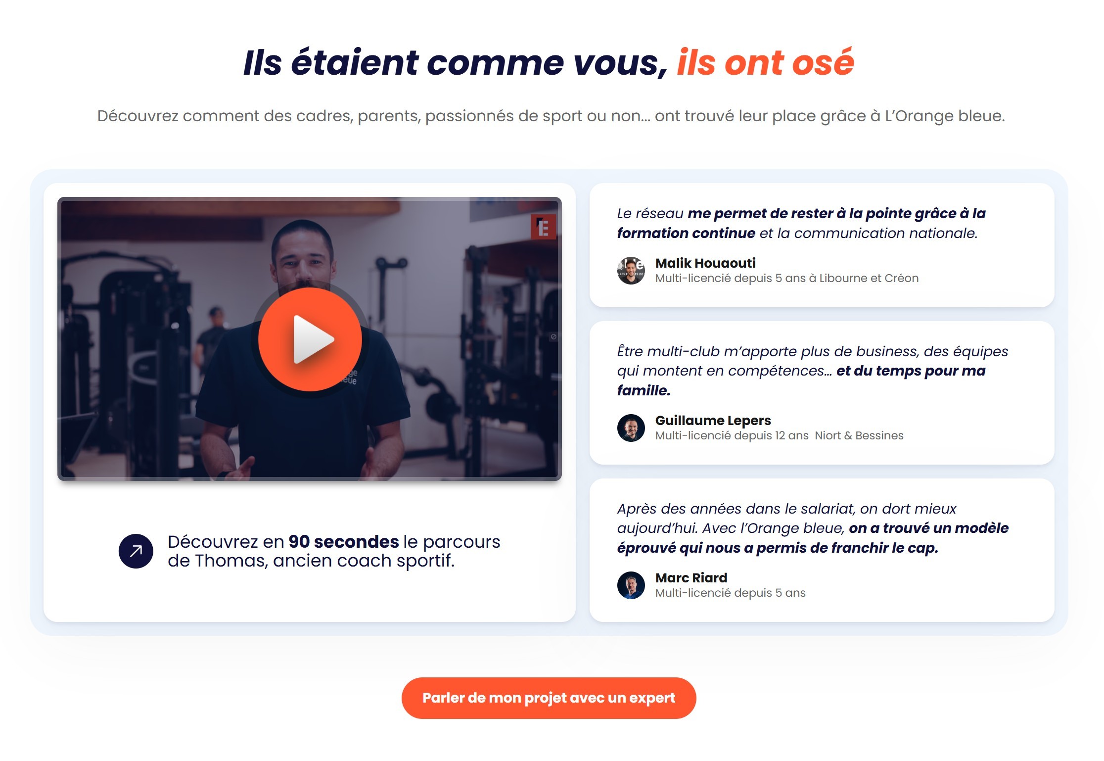 section témoignages landing page orange bleue
