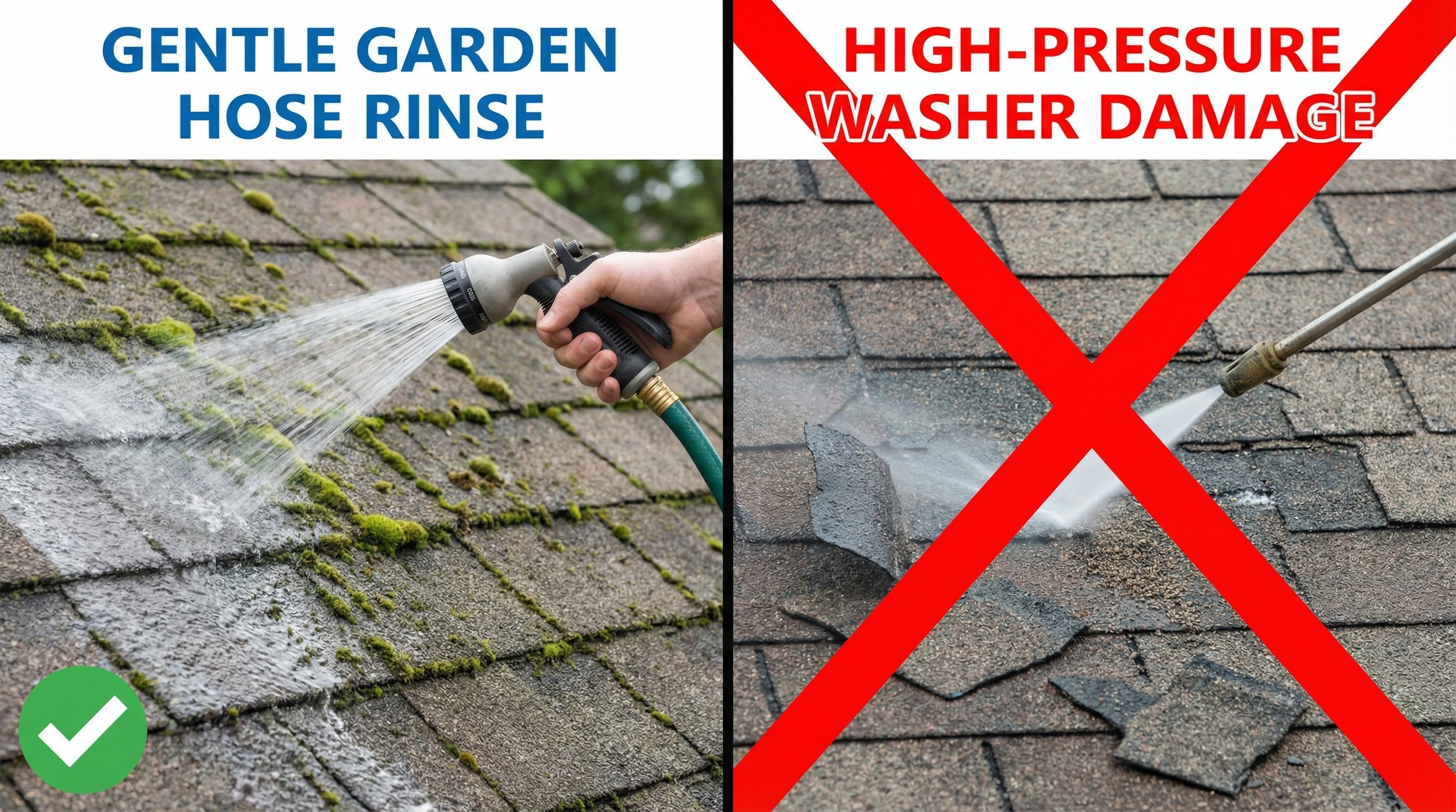 Comparison showing safe garden hose rinsing vs damaging pressure washer.