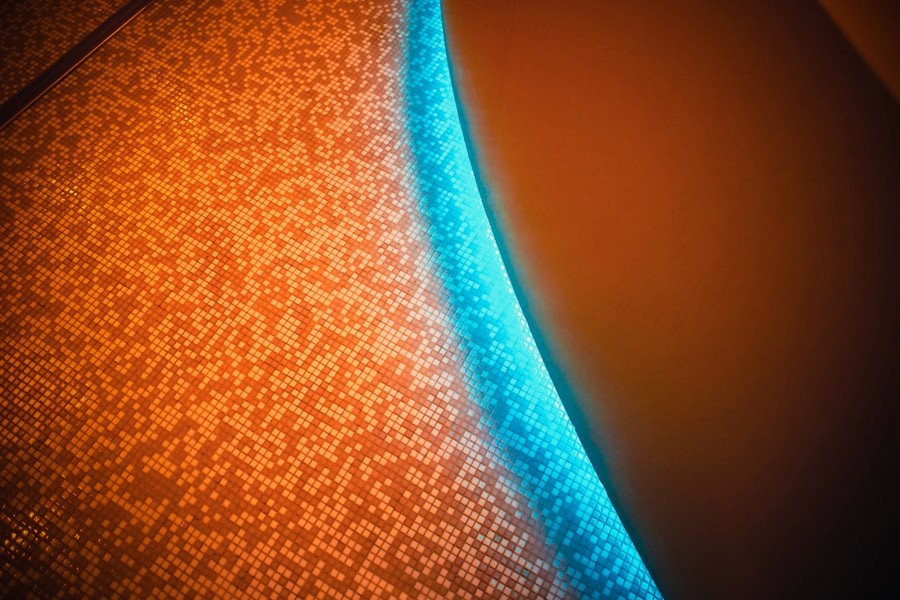 Abstract orange and blue forms in motion