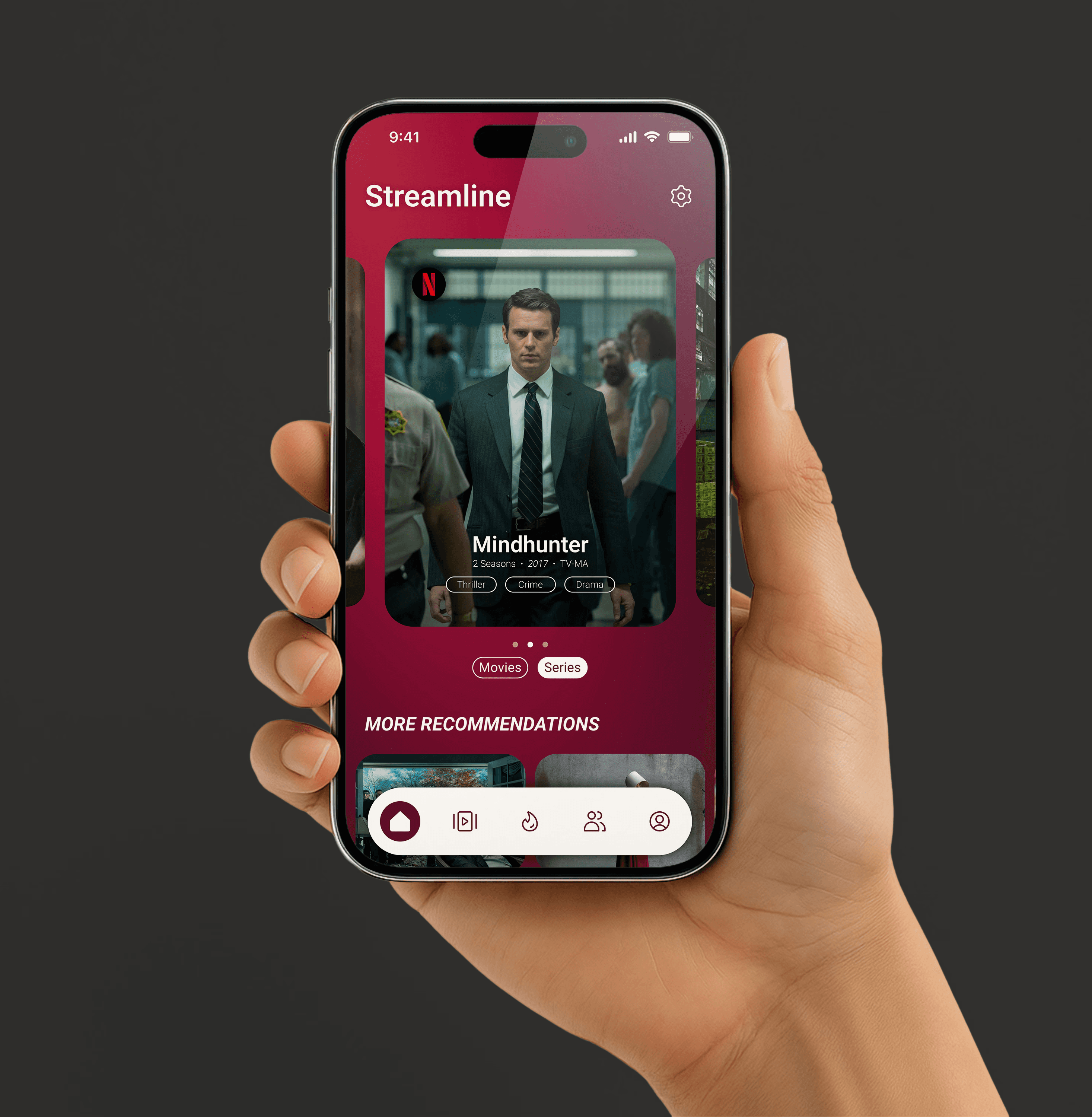 Hand holding a phone with a TV series related app loaded on it